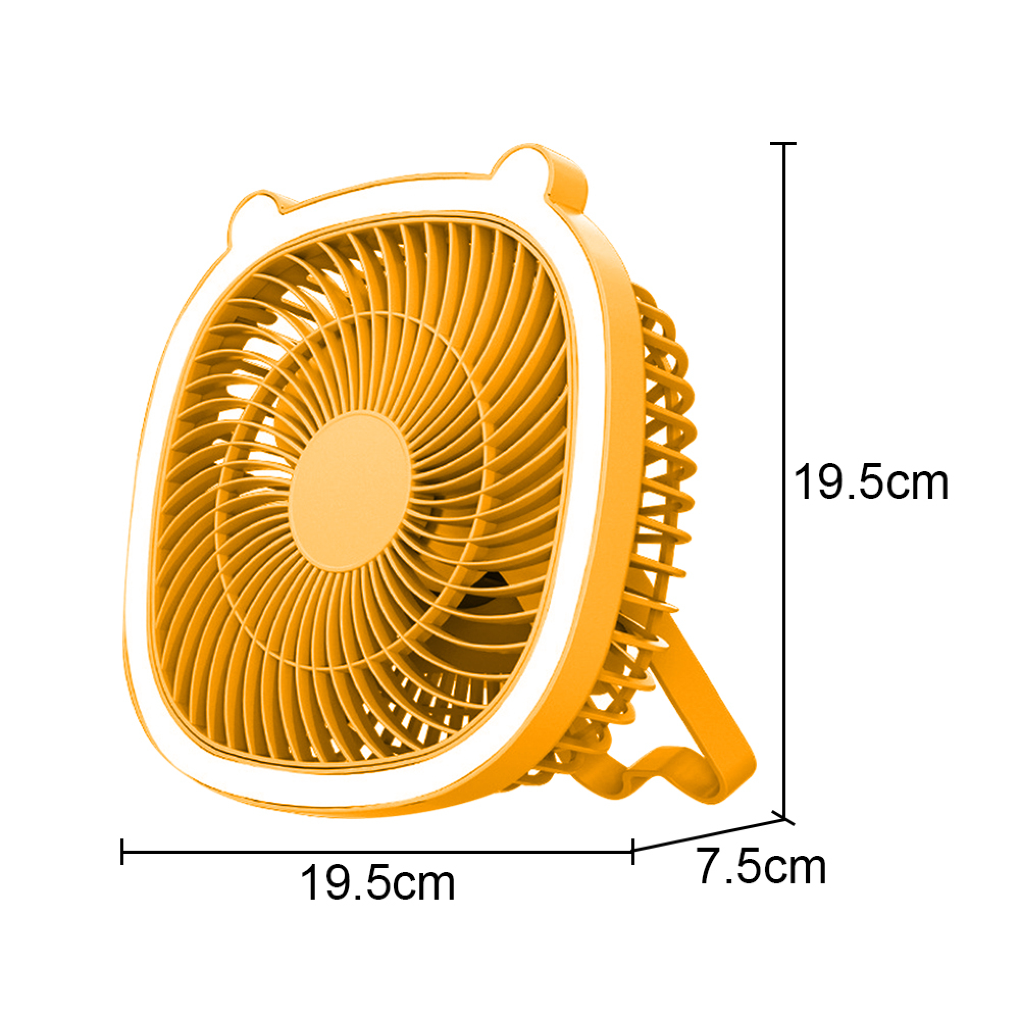 Ein gelber Ventilator mit weißer Umrandung und Ohrenform, 19,5x19,5x7,5cm.