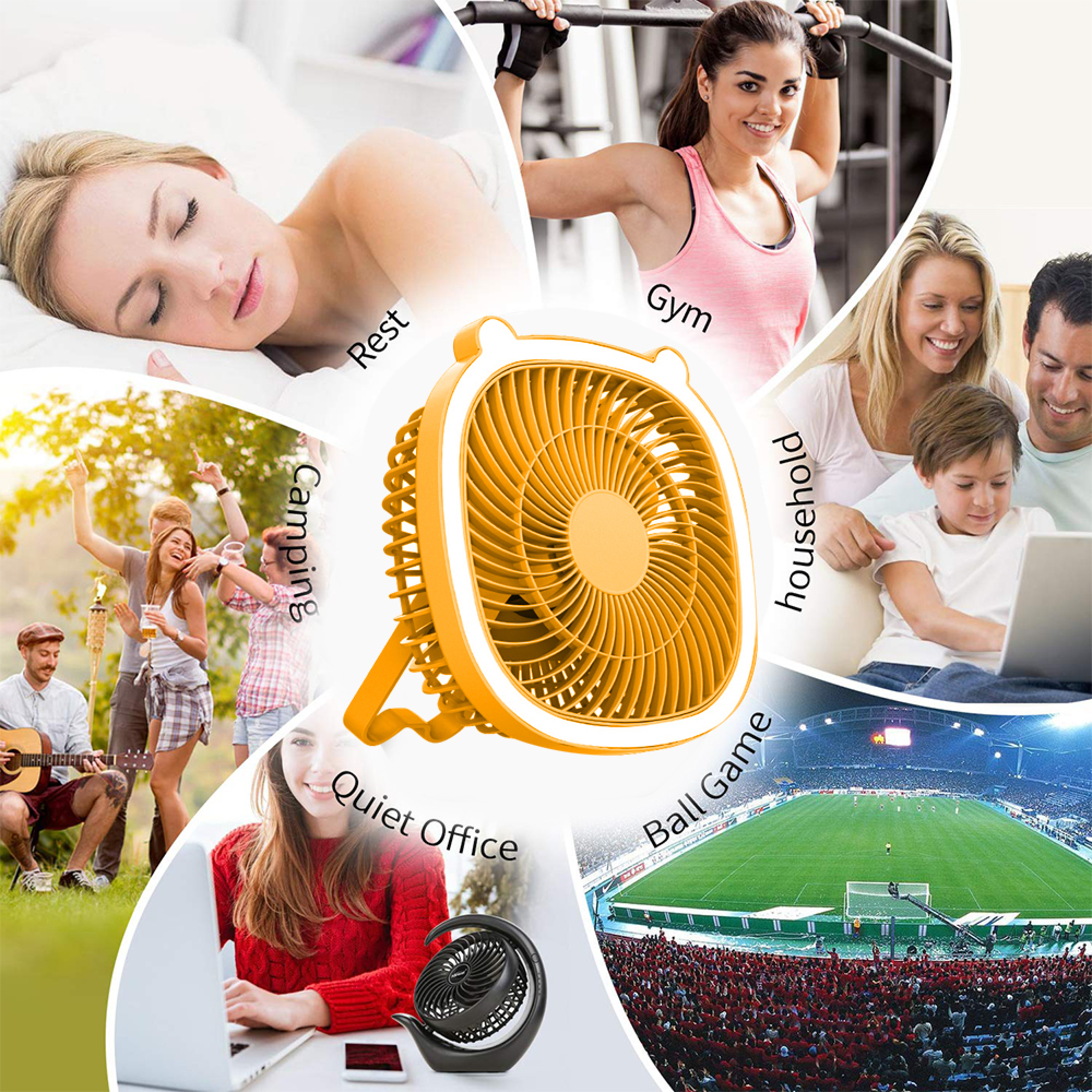 Collage zeigt Fans, Familie, Sport, Arbeit und Ruhe. Ein orangefarbener Ventilator in der Mitte.