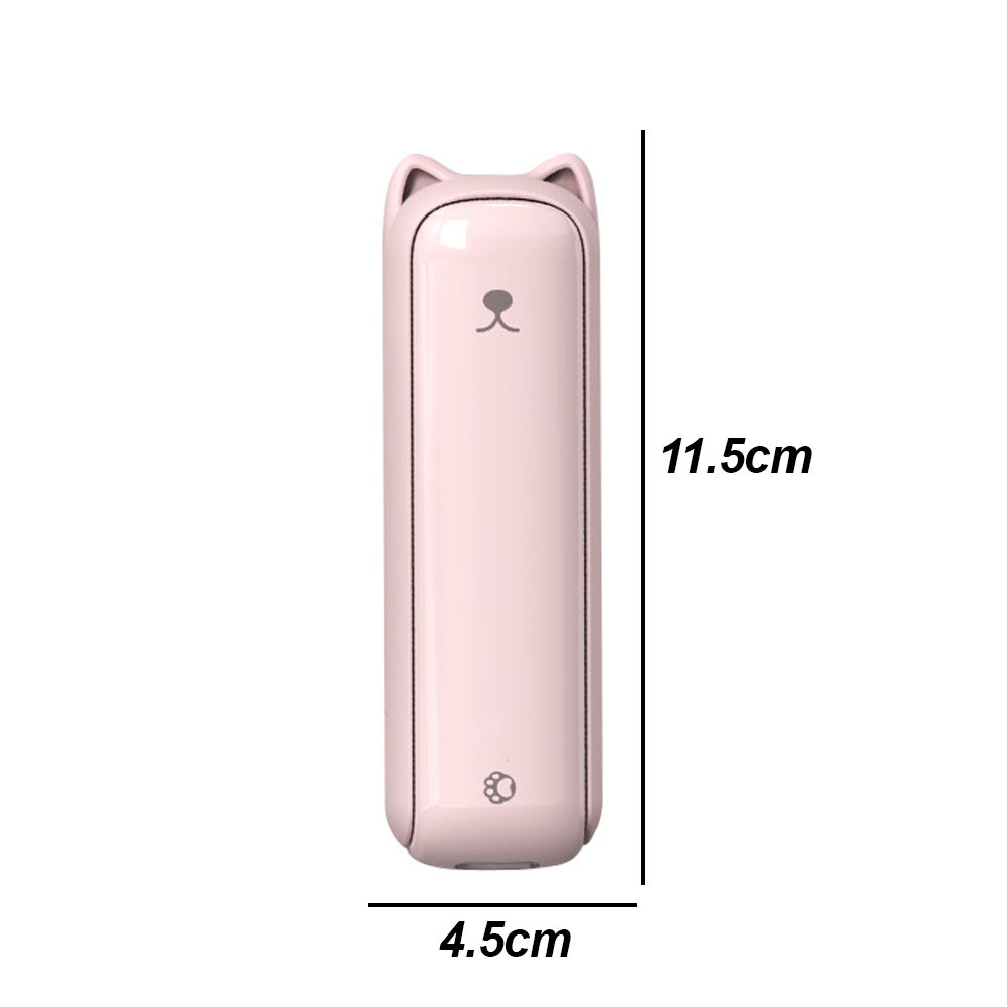 Ein rosafarbener Behälter in Katzenform, 11,5 cm hoch und 4,5 cm breit.