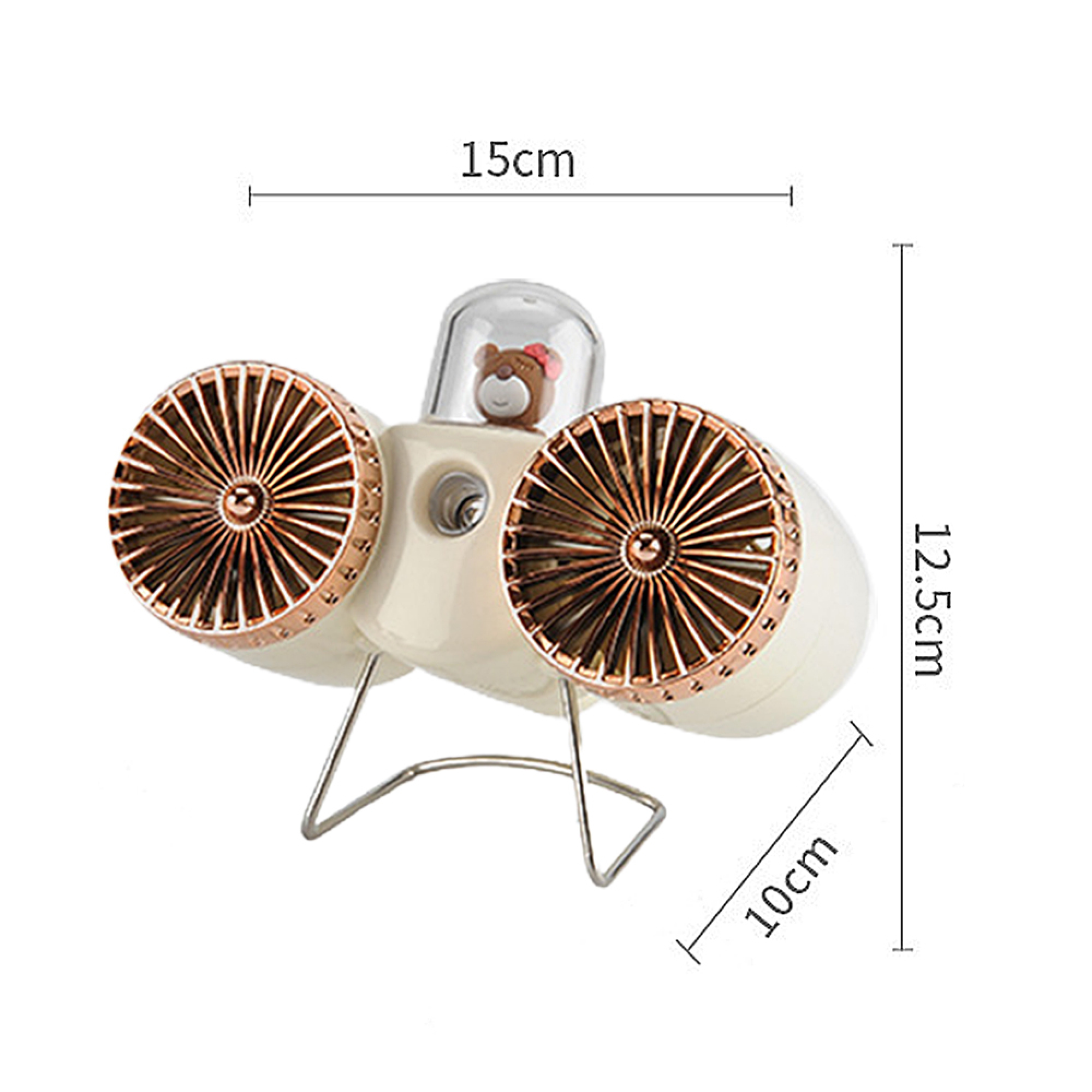Ein beiger Mini-Ventilator mit zwei Lüftern, einem Teddybär im Cockpit und Metallständern.