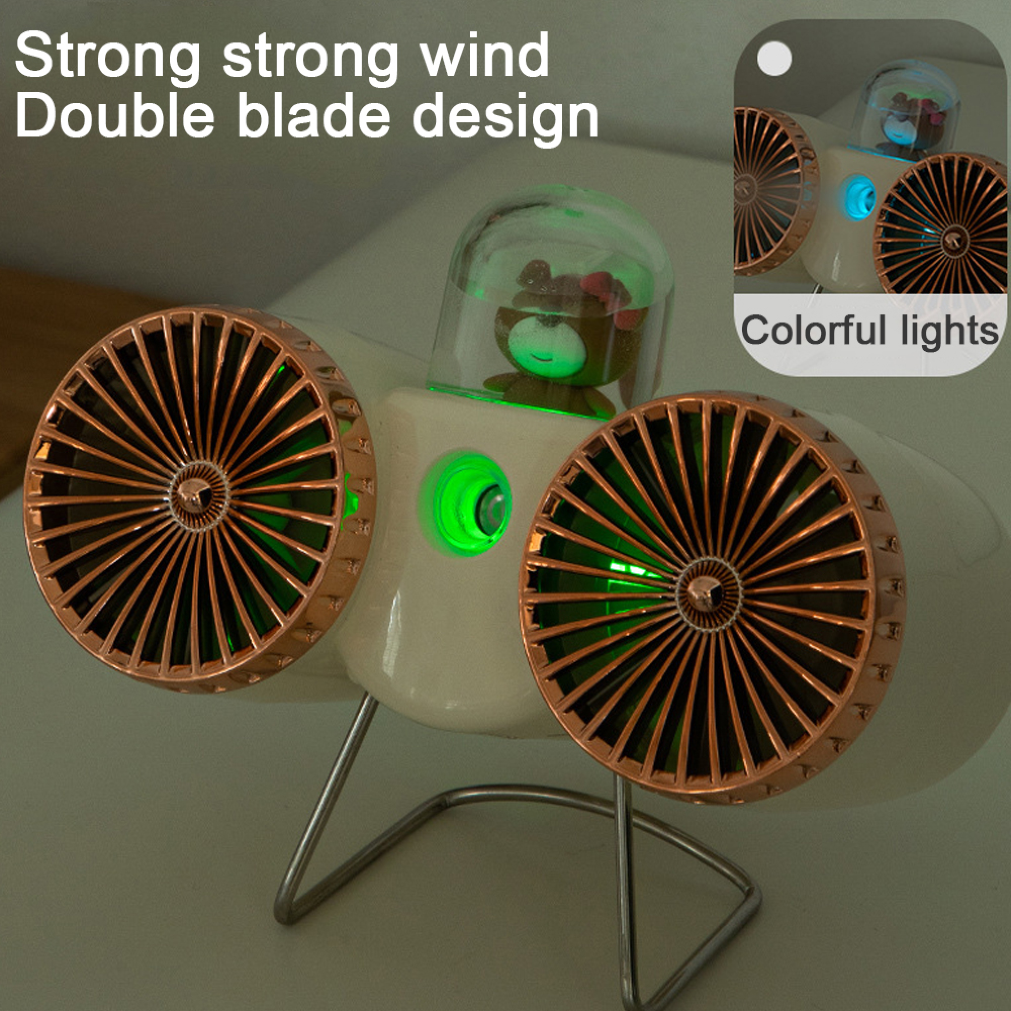 Ein weißer Ventilator mit zwei kupferfarbenen Flügeln, einem Teddybären in einer Kuppel und grünen Lichtern.