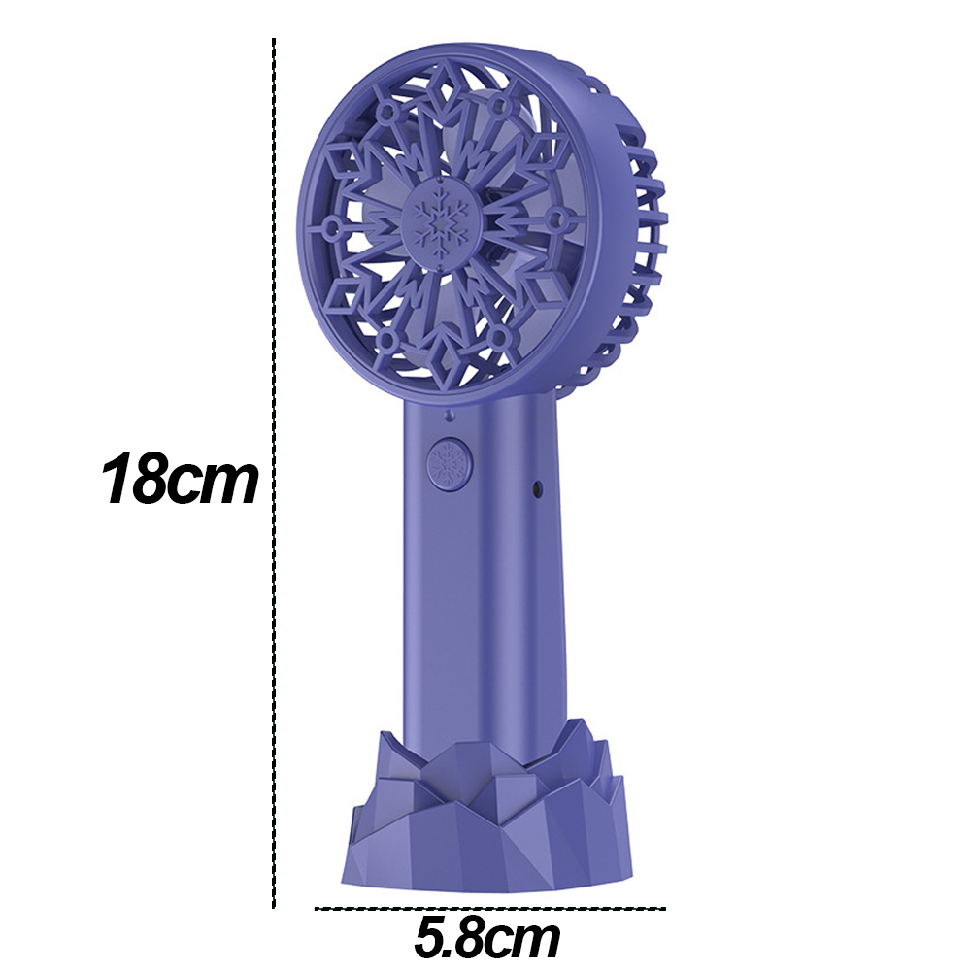 Ein lila Handventilator mit Schneeflockenmuster und Eisbasis. H: 18cm, B: 5.8cm.