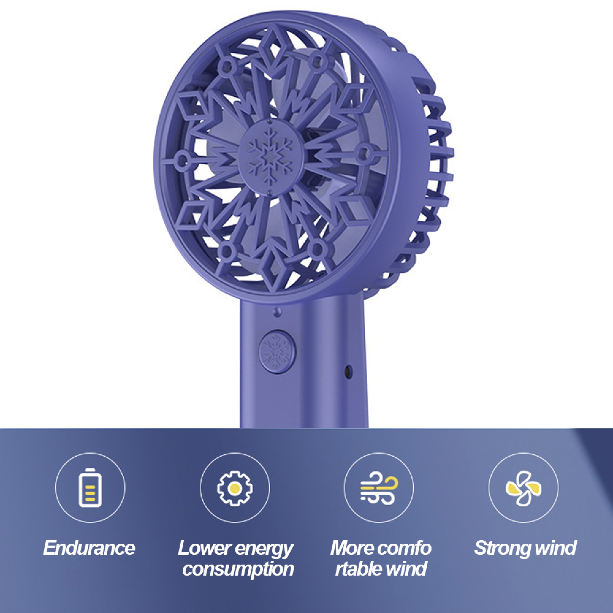 Lila Ventilator mit Schneeflockenmuster und Symbolen für Ausdauer, geringen Energieverbrauch, Komfort und Wind.