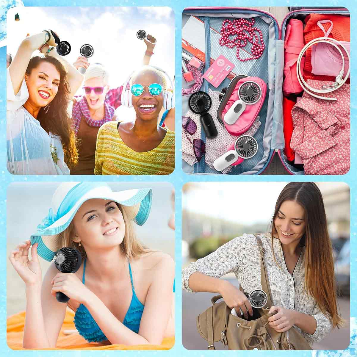 Vier Collagenbilder zeigen Frauen mit kleinen Ventilatoren an einem Strand, auf Reisen und beim Packen.