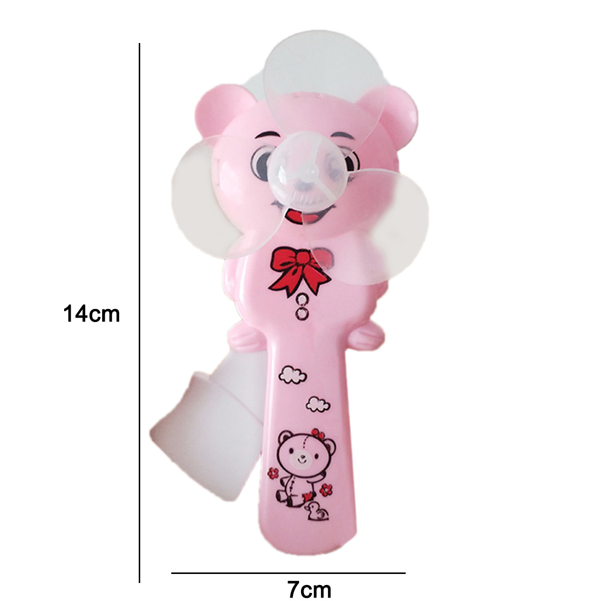 Ein rosafarbener Teddybär-Ventilator mit transparenten Flügeln und einem roten Band.
