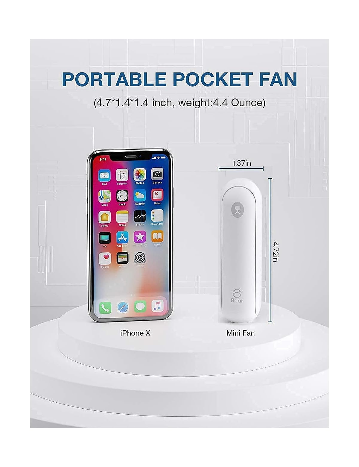 Ein weißer Mini-Ventilator neben einem iPhone X auf einem weißen Podest.
