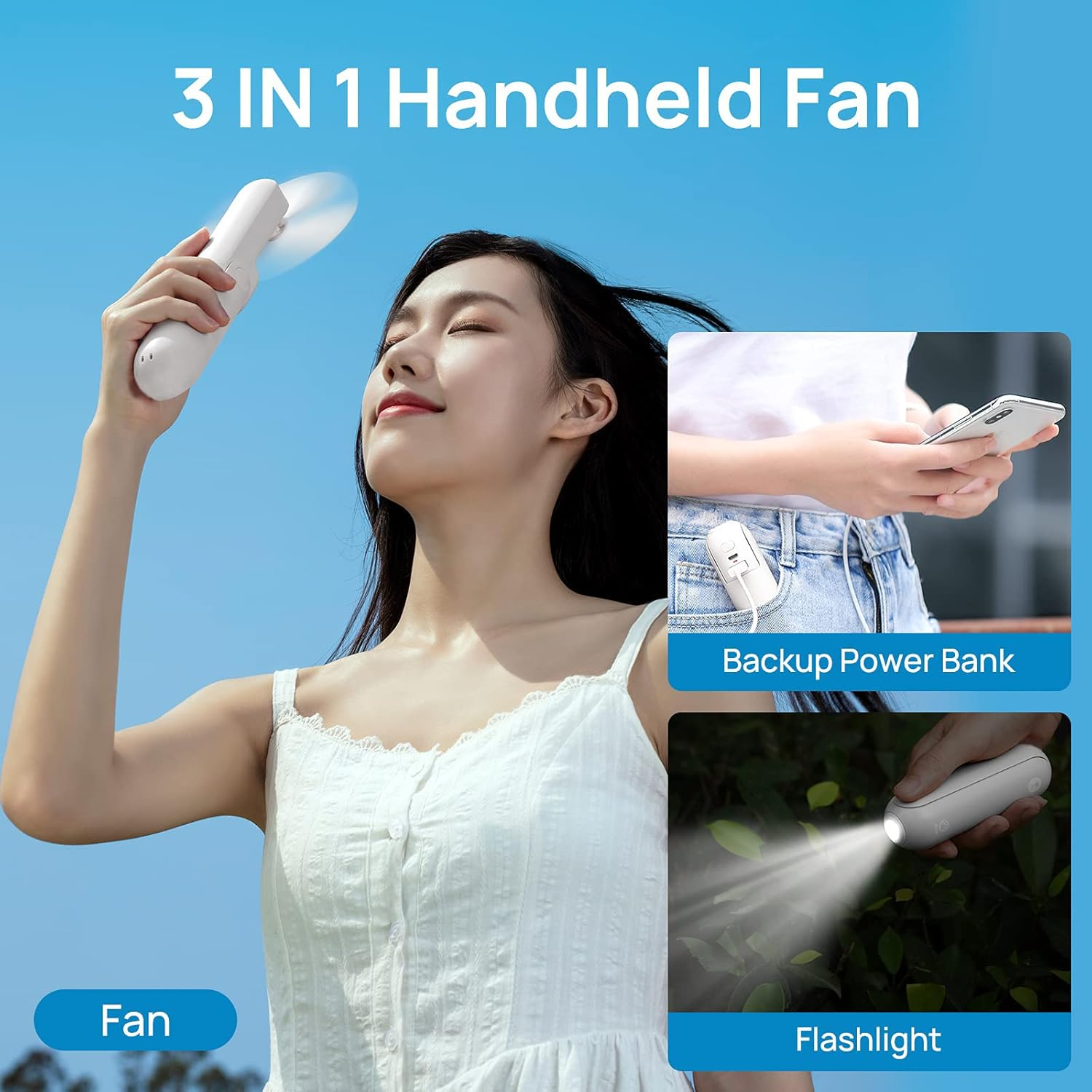Eine Frau hält einen weißen Handventilator. Der Ventilator ist 3-in-1: Ventilator, Powerbank, Taschenlampe.