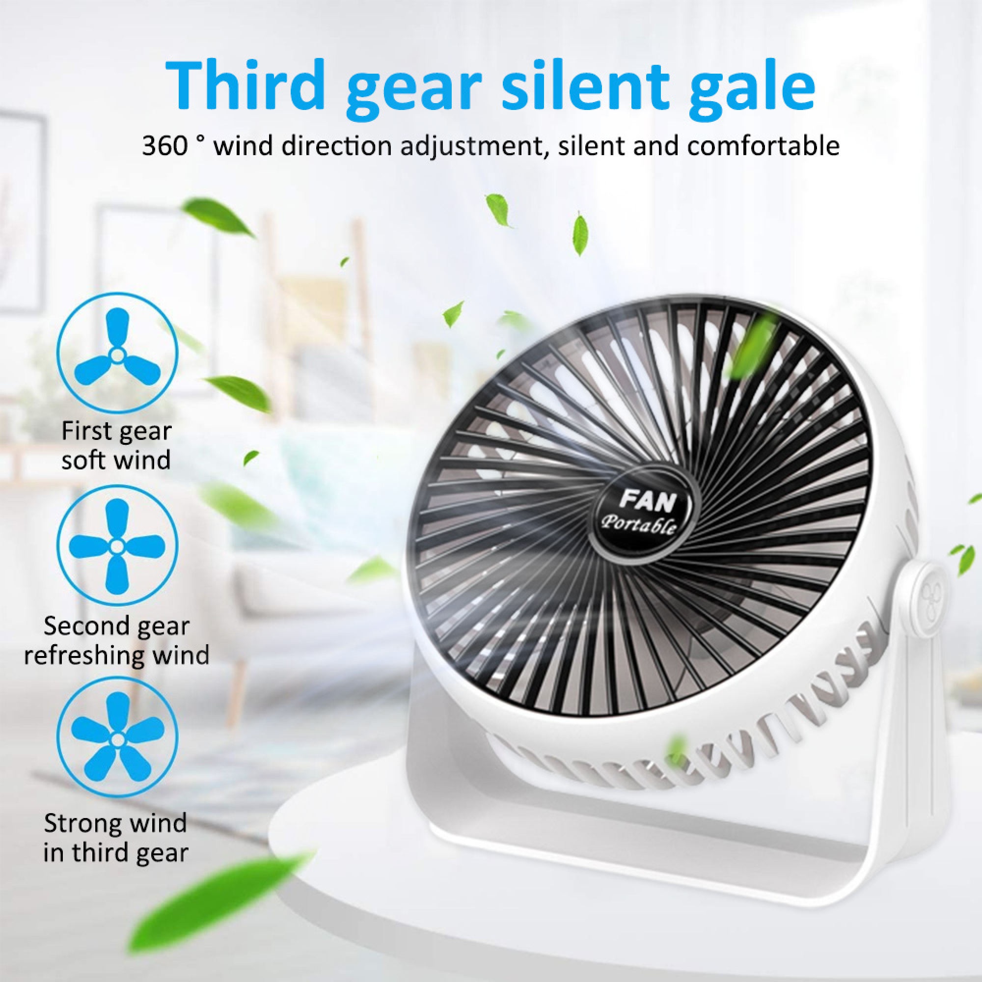 Ein weißer Ventilator mit schwarzem Gitter und drei Windgeschwindigkeiten.
