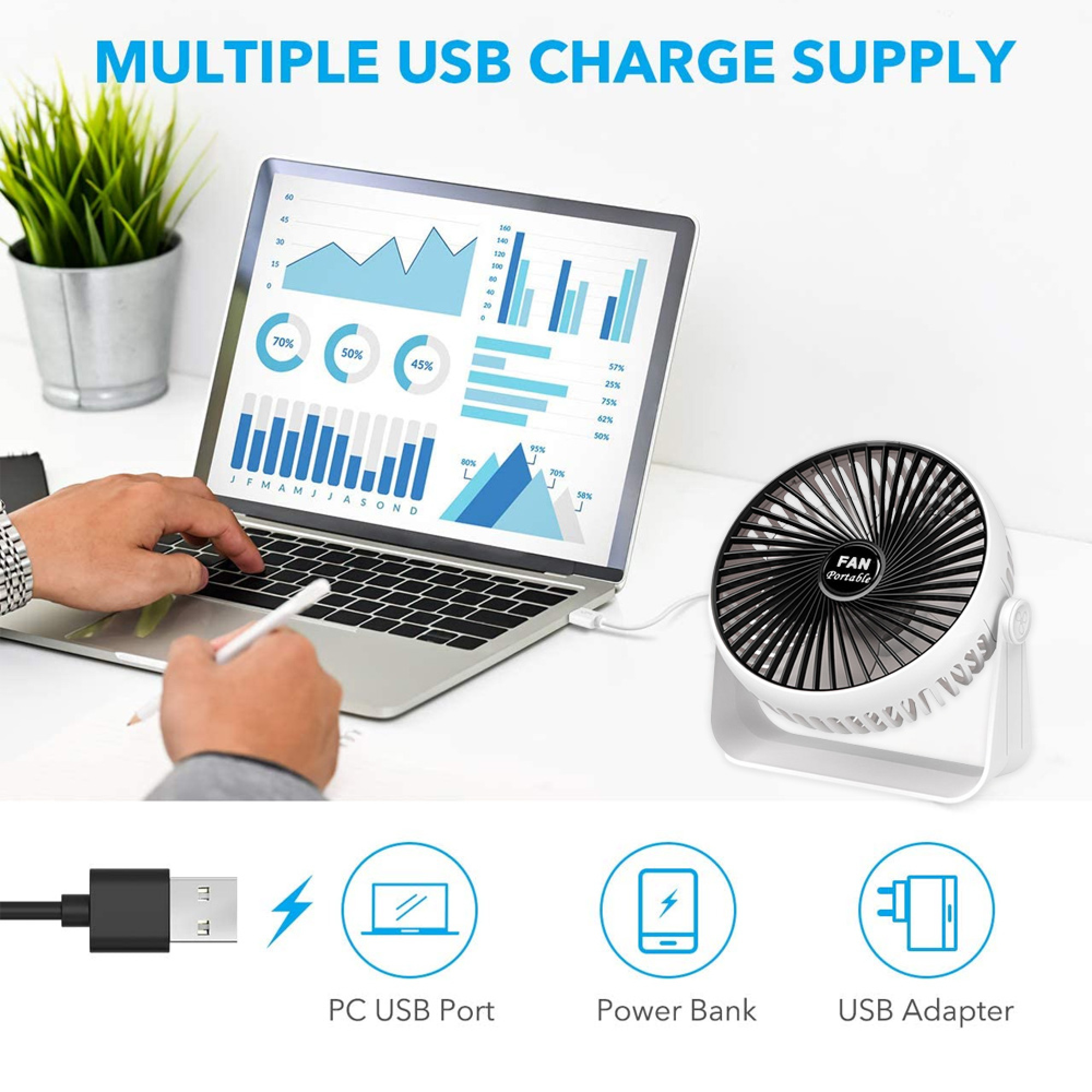 Ein Laptop zeigt Diagramme, daneben ein kleiner USB-Ventilator.