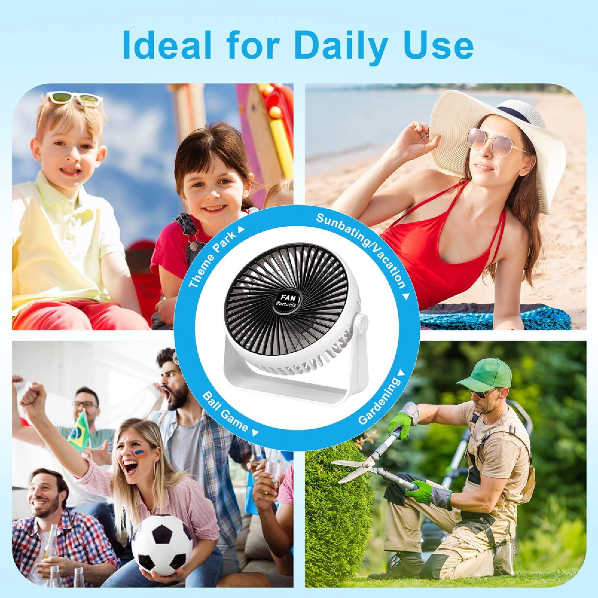 Ein tragbarer Ventilator, ideal für Freizeit, Sport und Gartenarbeit.