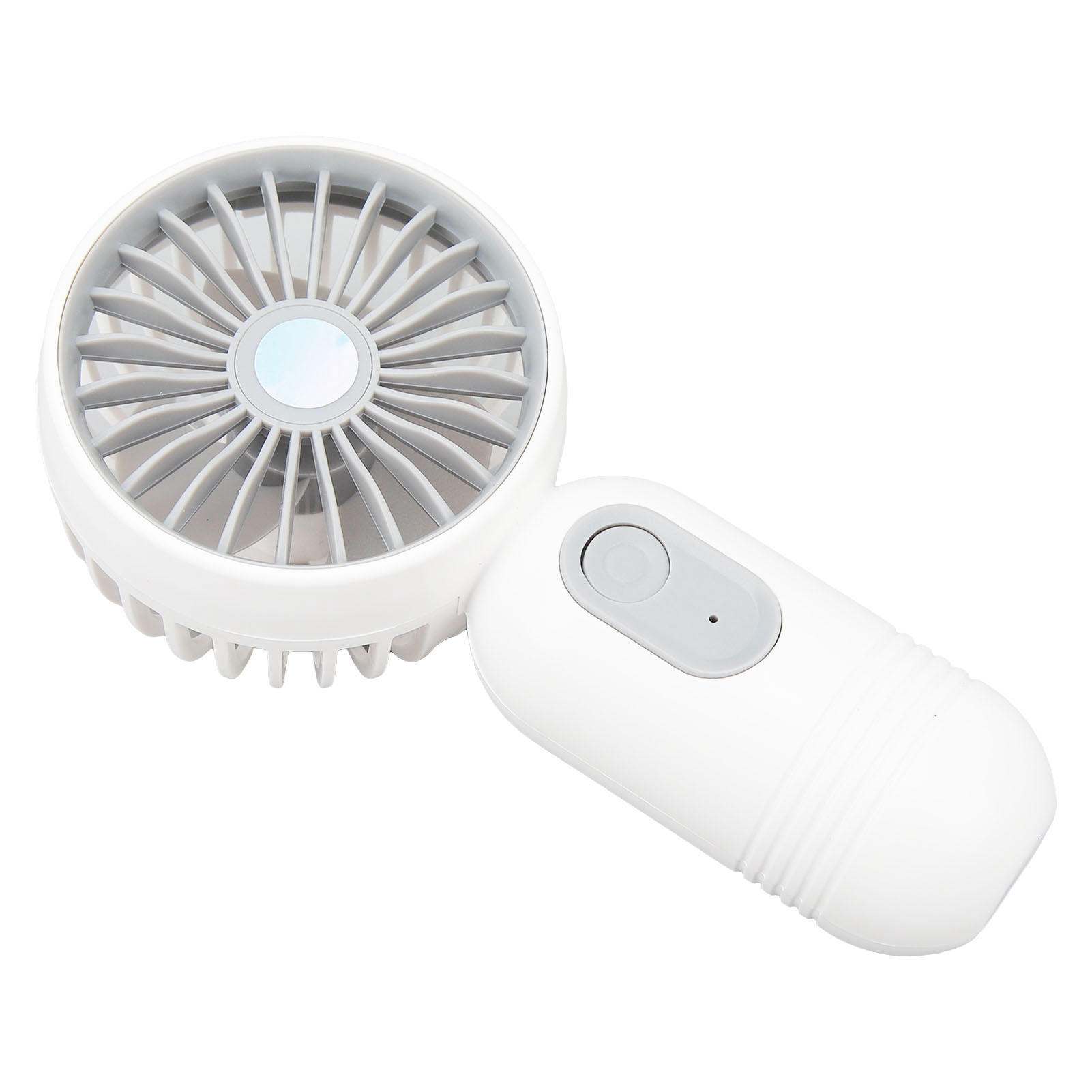 Ein weißer Handventilator mit grauen Lüfterblättern und einem grauen Griff.