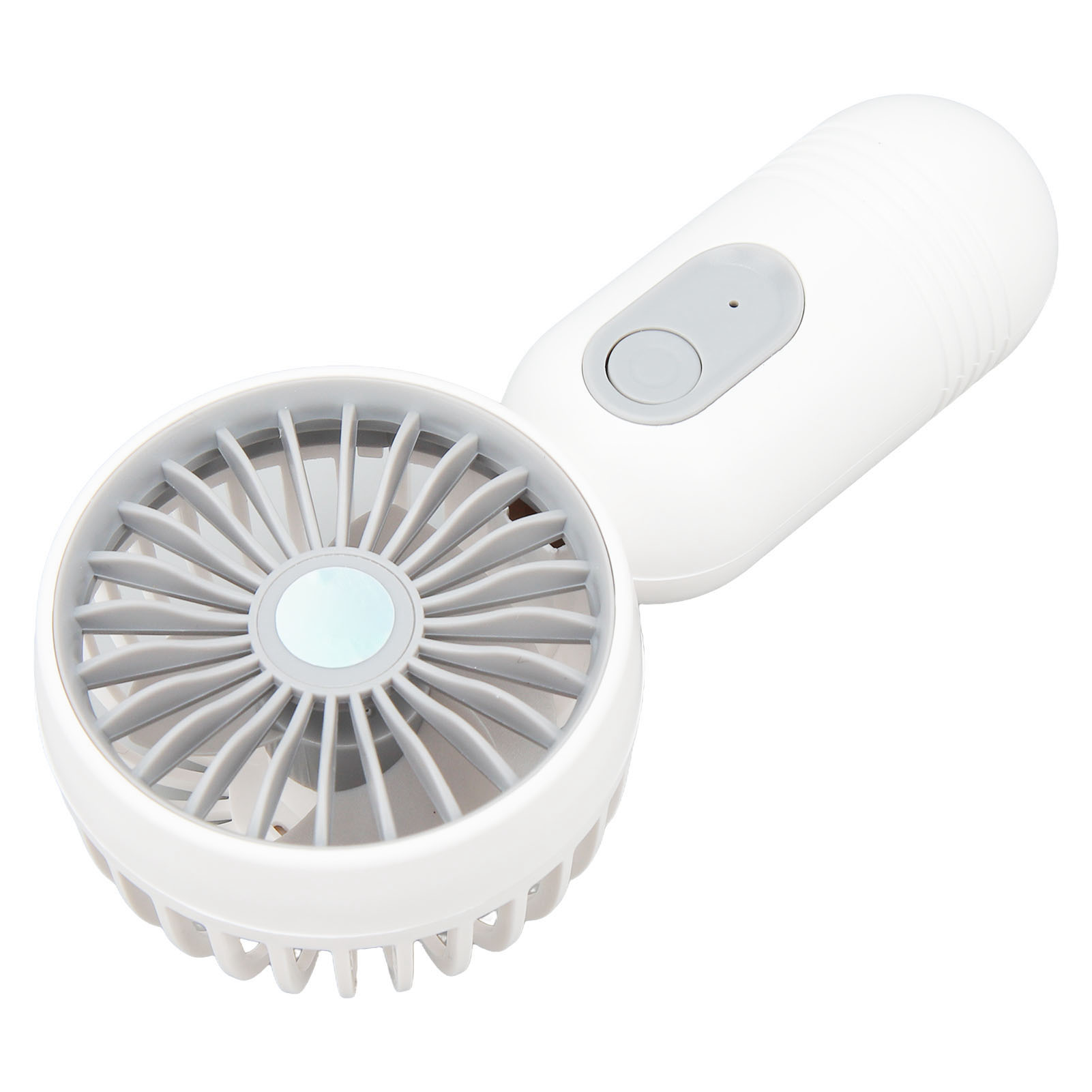 Ein weißer Handventilator mit grauen Flügeln und Bedienelementen.