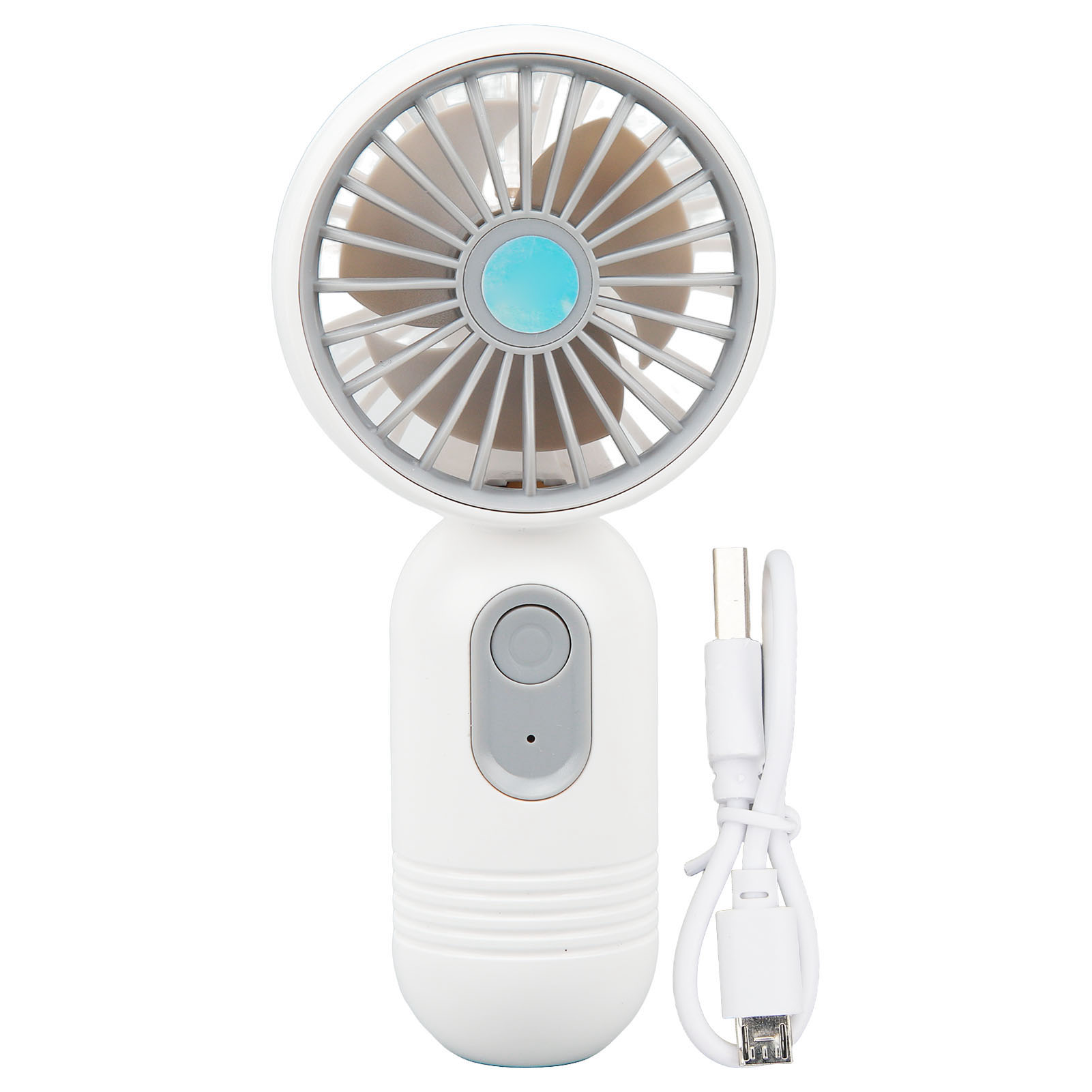 Ein weißer tragbarer Ventilator mit grauen Knöpfen und einem USB-Kabel.