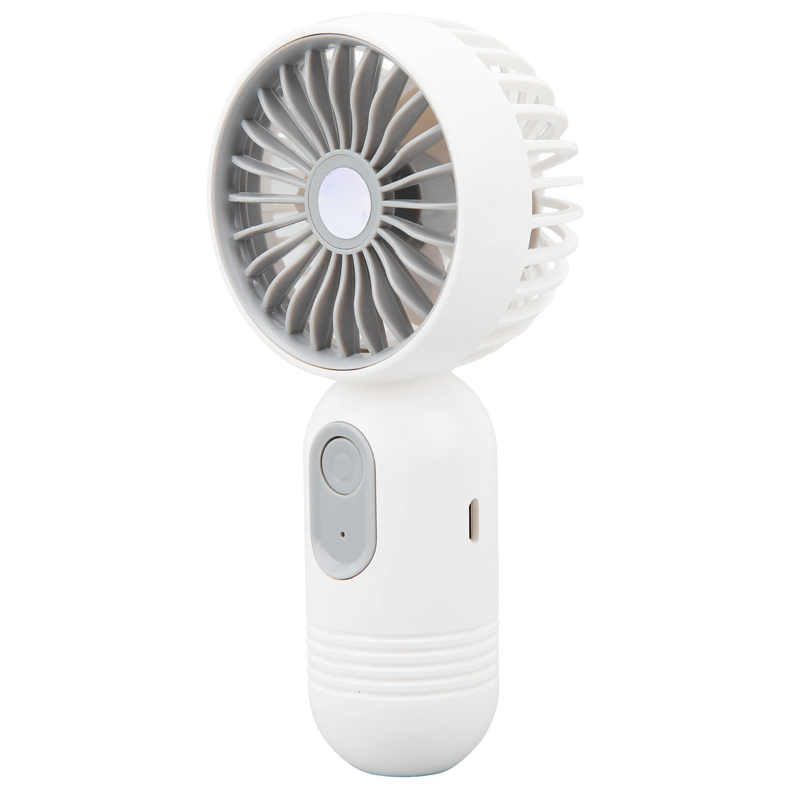 Ein weißer Handventilator mit grauen Rotorblättern und einem grauen Knopf.
