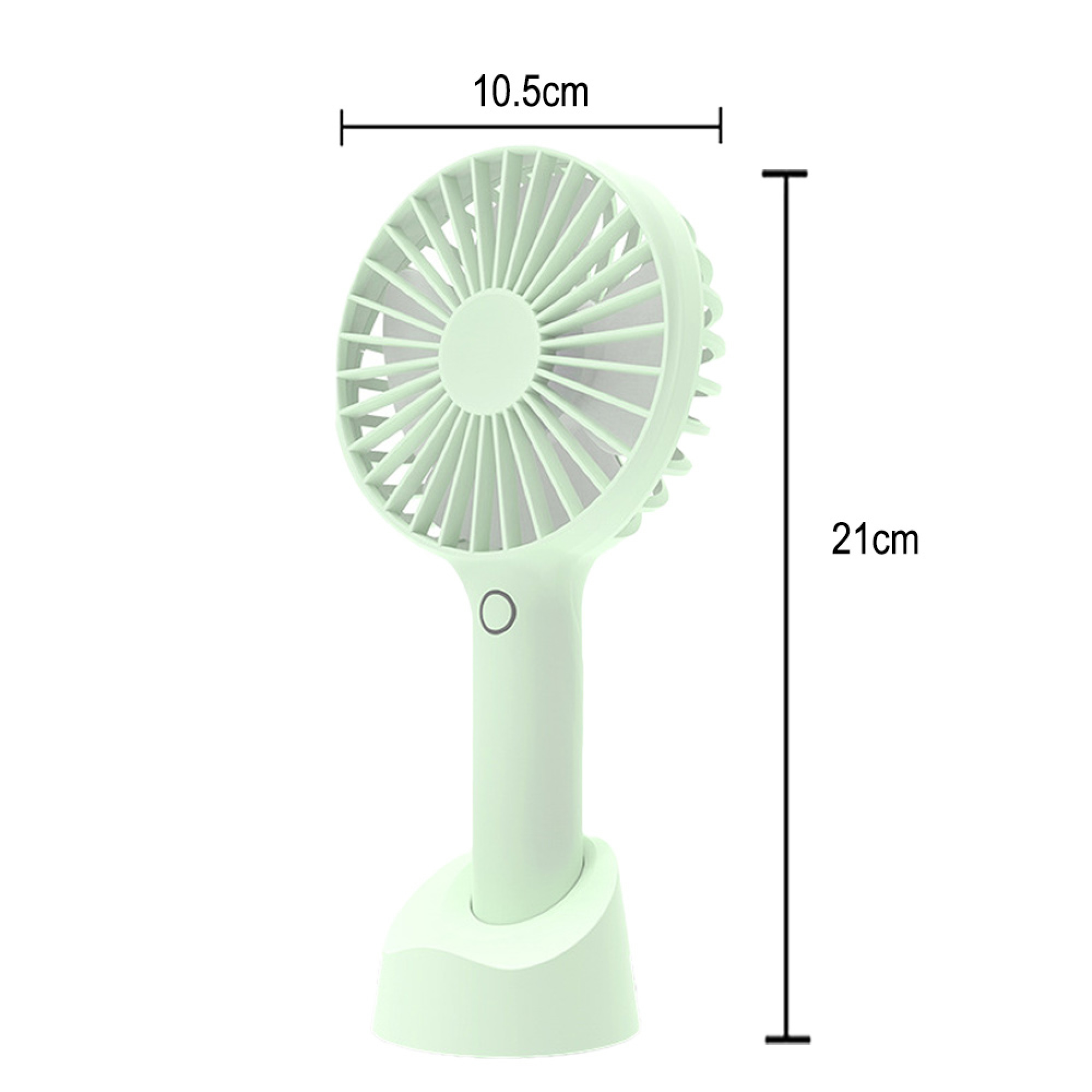 Ein hellgrüner Handventilator mit Basis, 21 cm hoch, 10,5 cm breit.