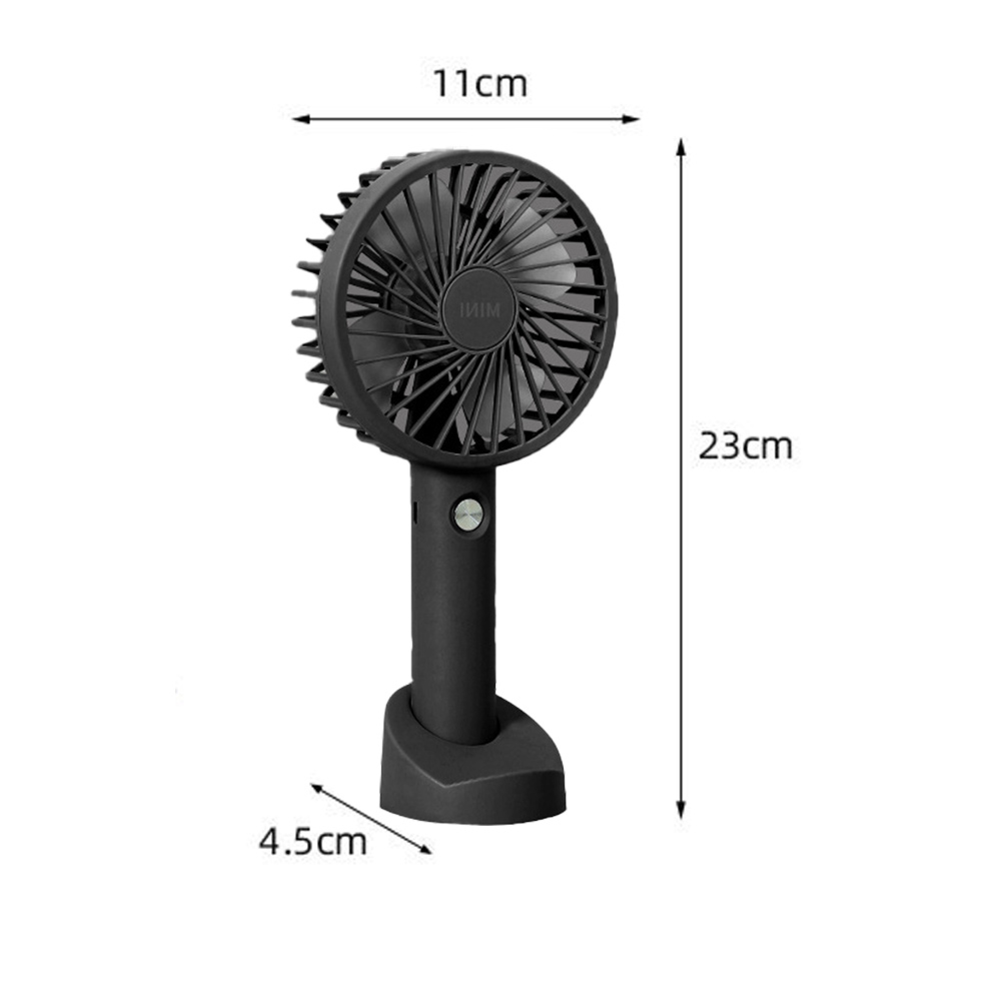 Schwarzer, tragbarer Ventilator mit Maßen 11x23x4,5cm auf weißem Hintergrund.