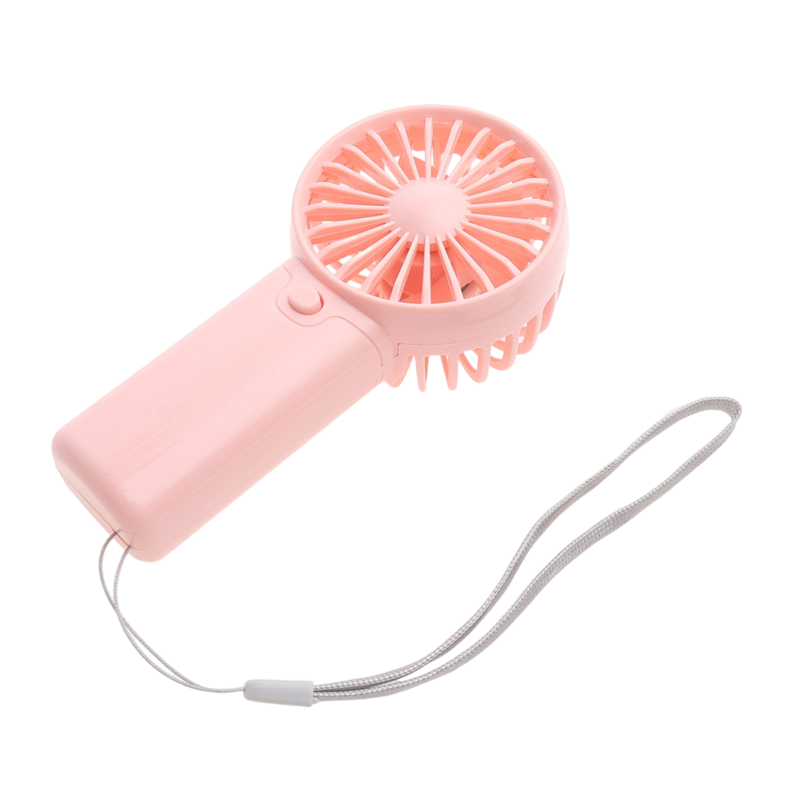 Ein kleiner, tragbarer, pinker Ventilator mit einem grauen Band.