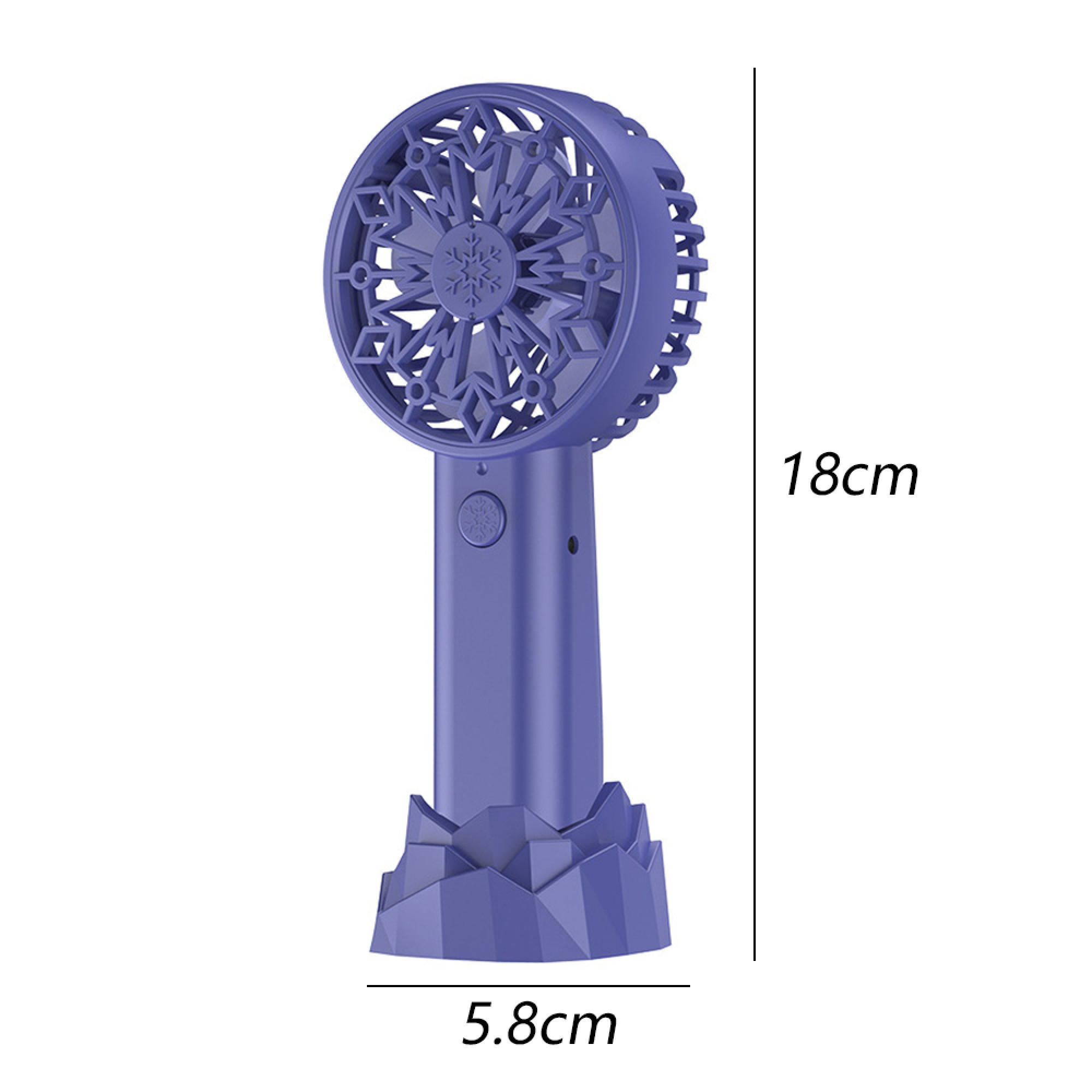 Ein lila Handventilator mit Schneeflockenmuster und stilisierter Basis.