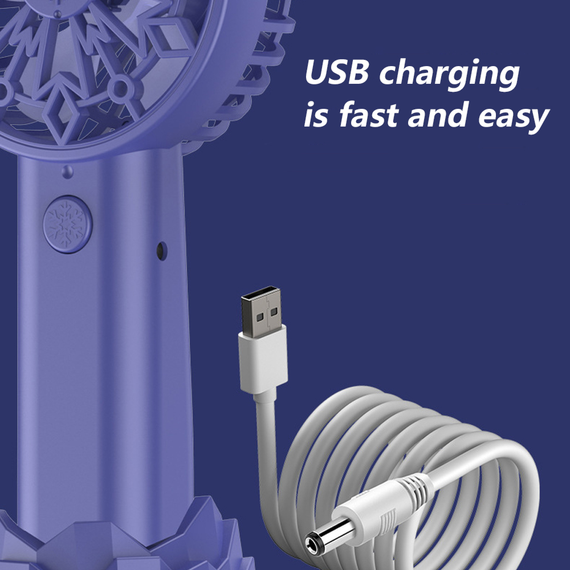 Lila Lüfter mit USB-Ladekabel vor blauem Hintergrund.