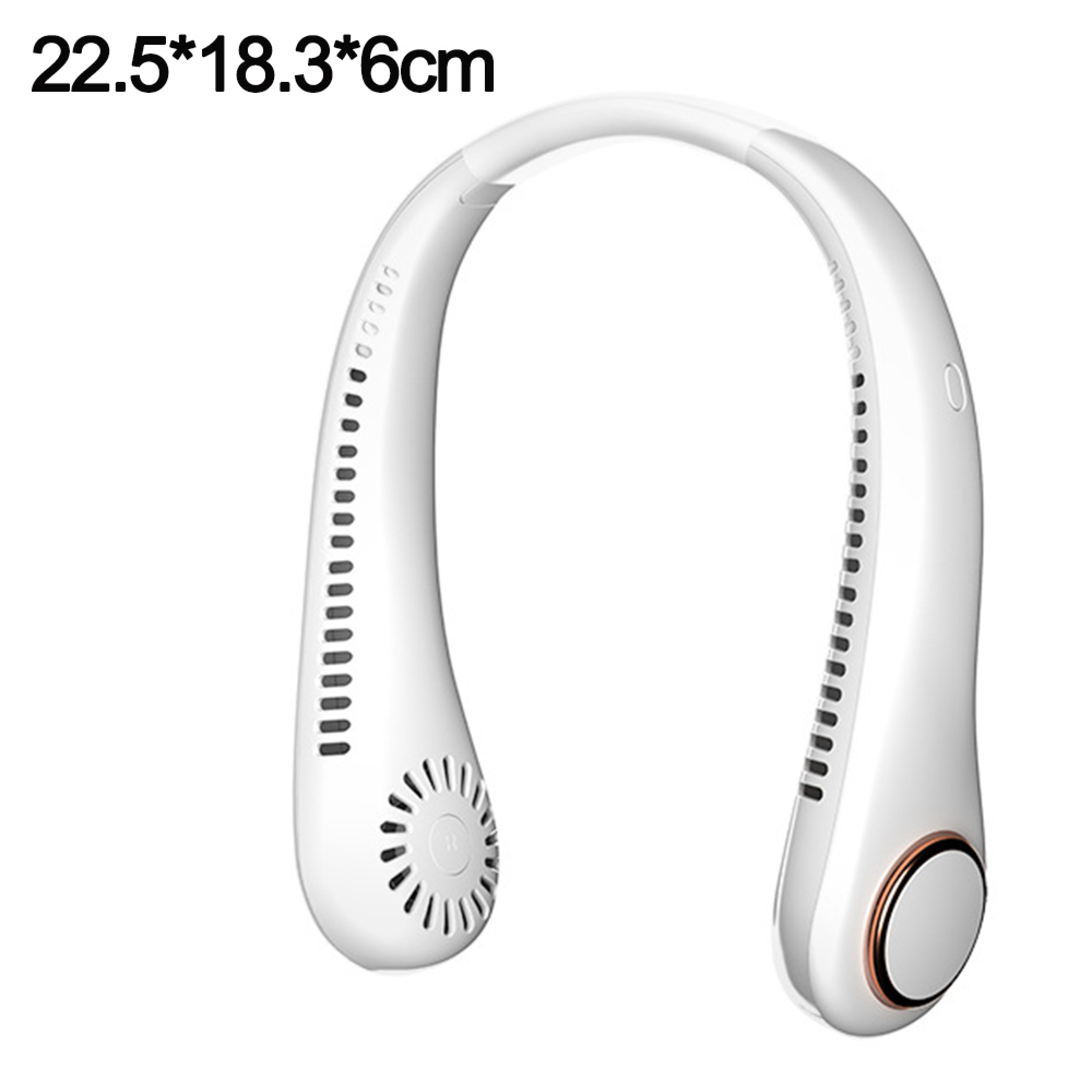 Ein weißer Nackenventilator mit Lüftungsschlitzen und einem bronzefarbenen Ring.