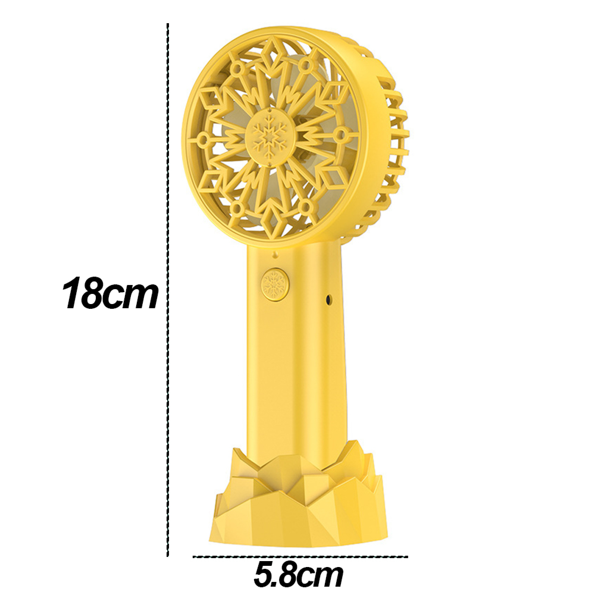 Ein gelber Handventilator mit einem schneeflockenartigen Gitter und einem stilisierten Sockel.