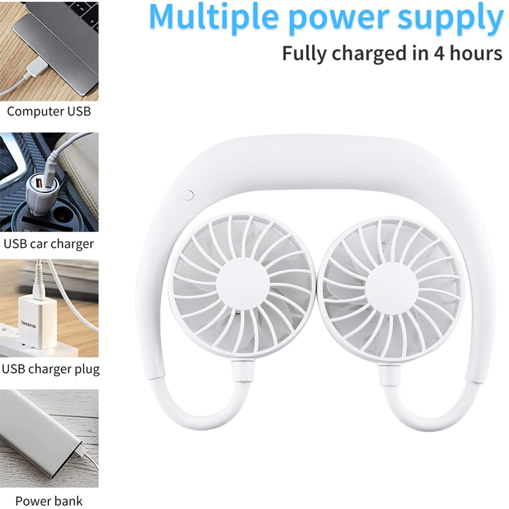 Ein weißer Nackenfächer mit zwei Lüftern, der an verschiedenen USB-Geräten aufgeladen wird.