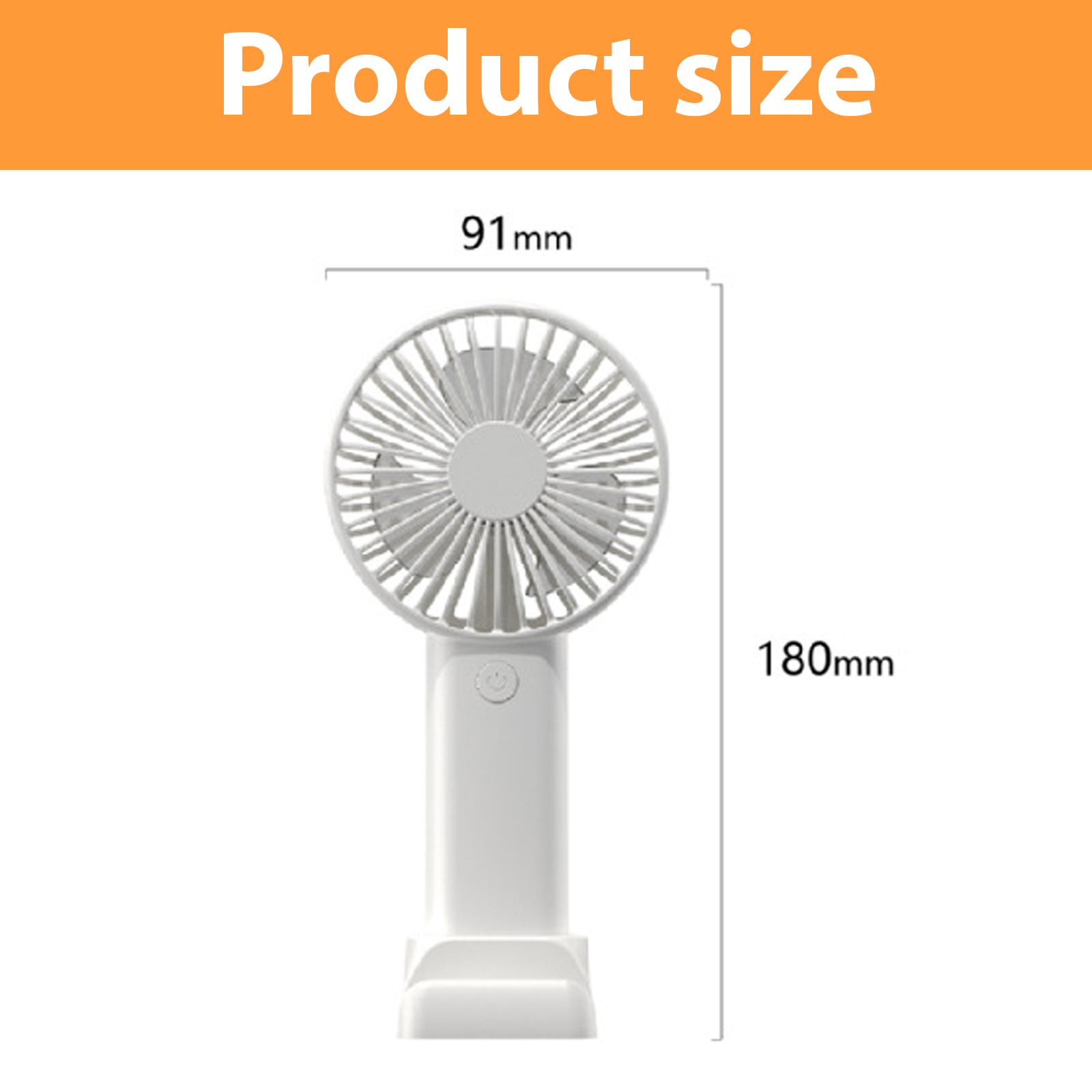 Ein weißer Handventilator mit den Maßen 91mm Breite und 180mm Höhe.