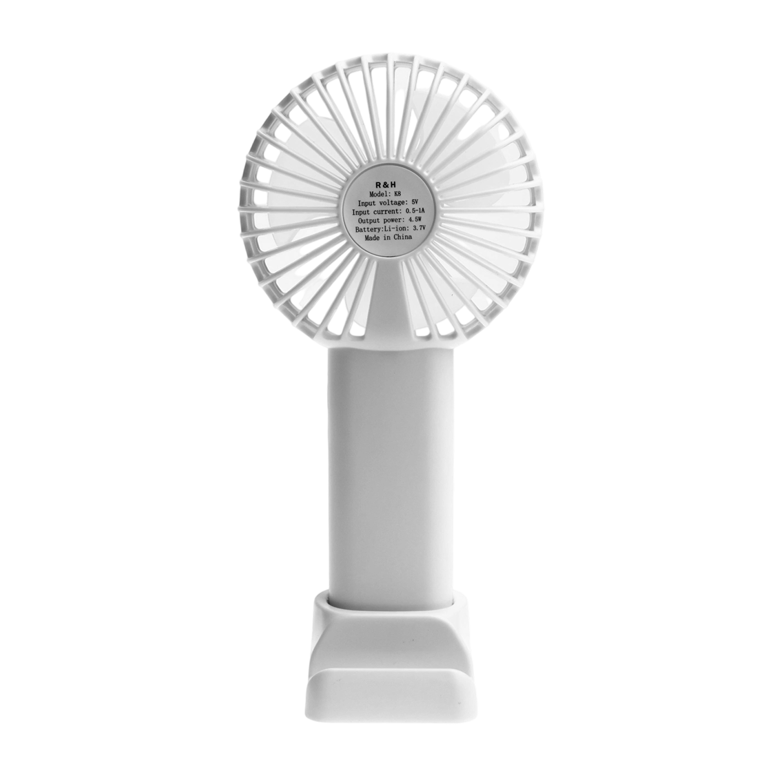 Ein kleiner weißer Ventilator mit Griff und Informationen auf dem Kopf.