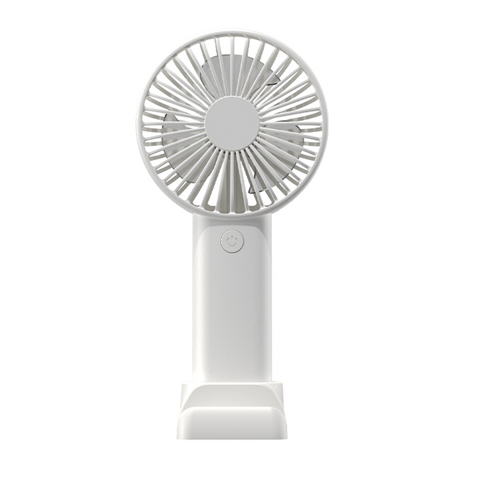 Ein kleiner weißer Ventilator mit einem runden Kopf und einem Griff.