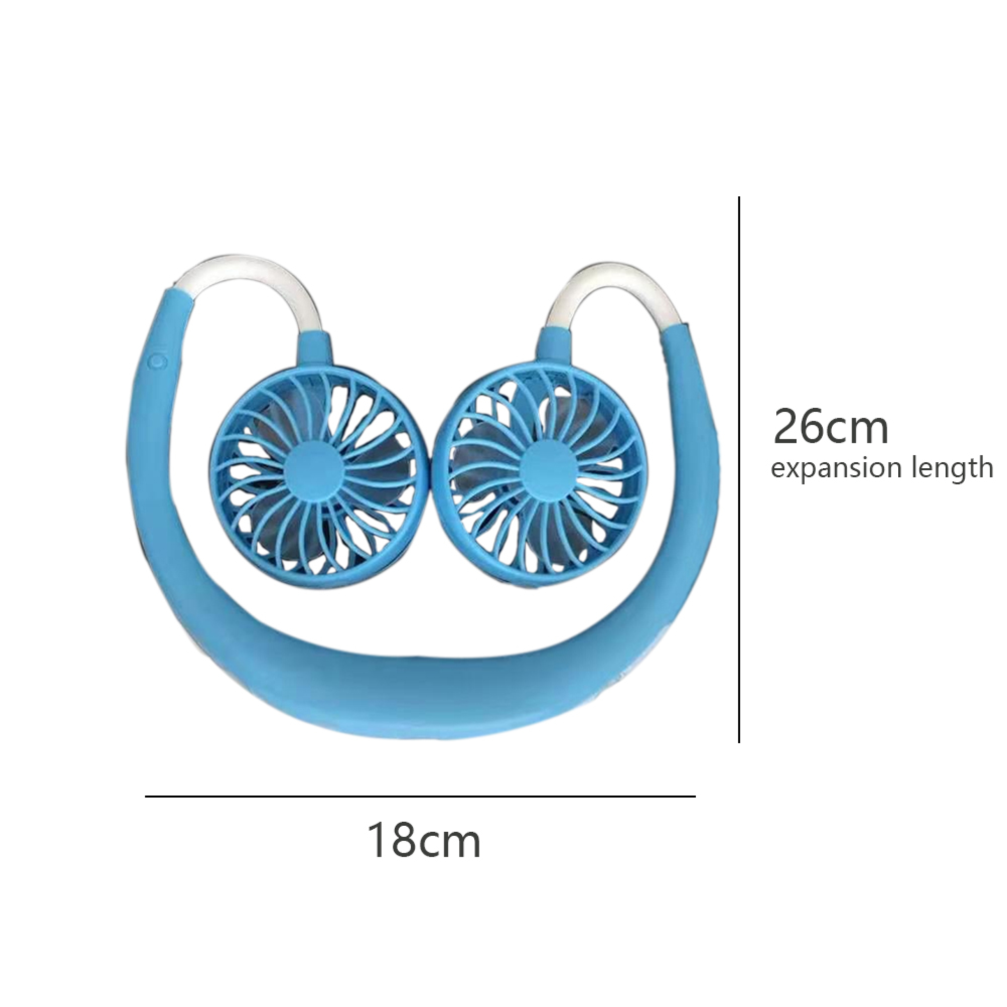 Ein blauer Nackenventilator mit zwei Lüftern und Maßangaben.