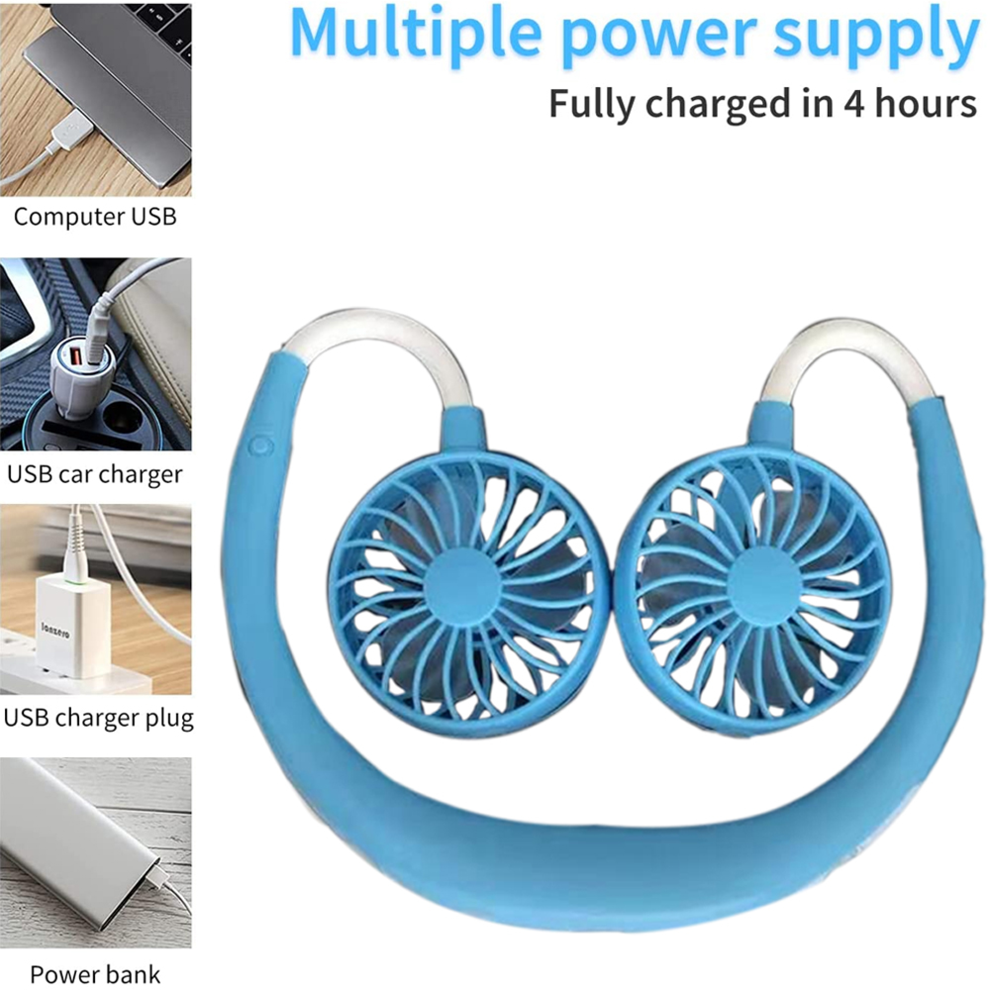 Ein blauer Nackenventilator mit zwei Lüftern, verbunden durch ein Band, das um den Hals getragen wird.