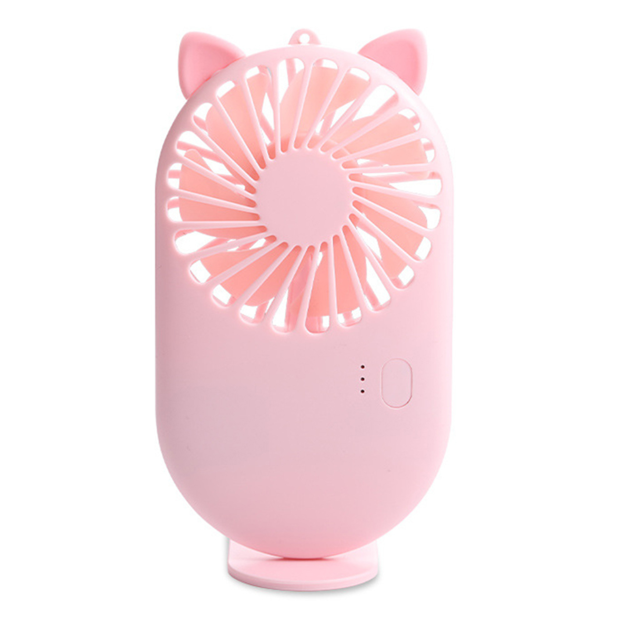 Ein kleiner rosafarbener Ventilator mit Katzenohren und Lüfterblättern.