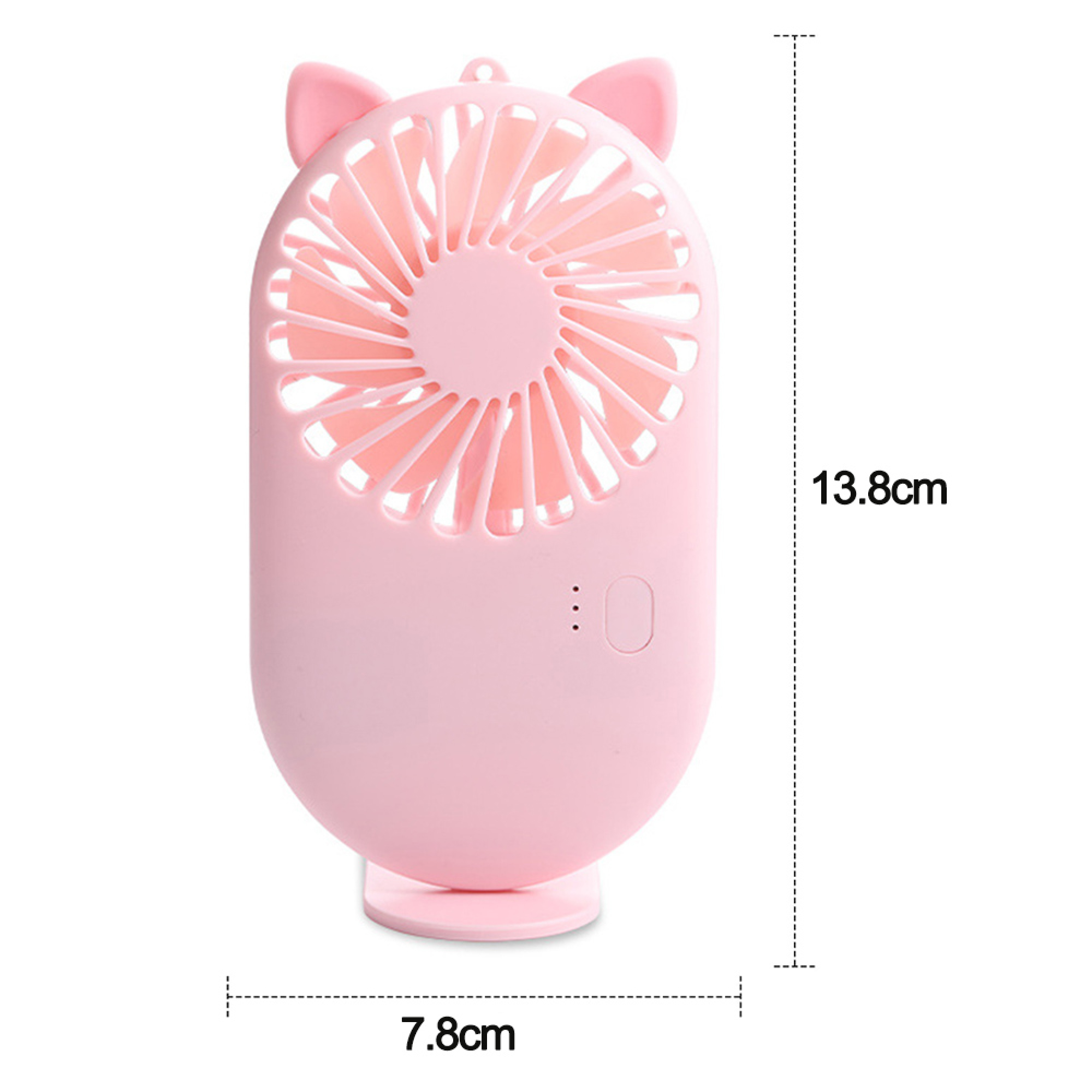 Ein kleiner rosa Ventilator mit Katzenohren und einer Ladeanzeige.