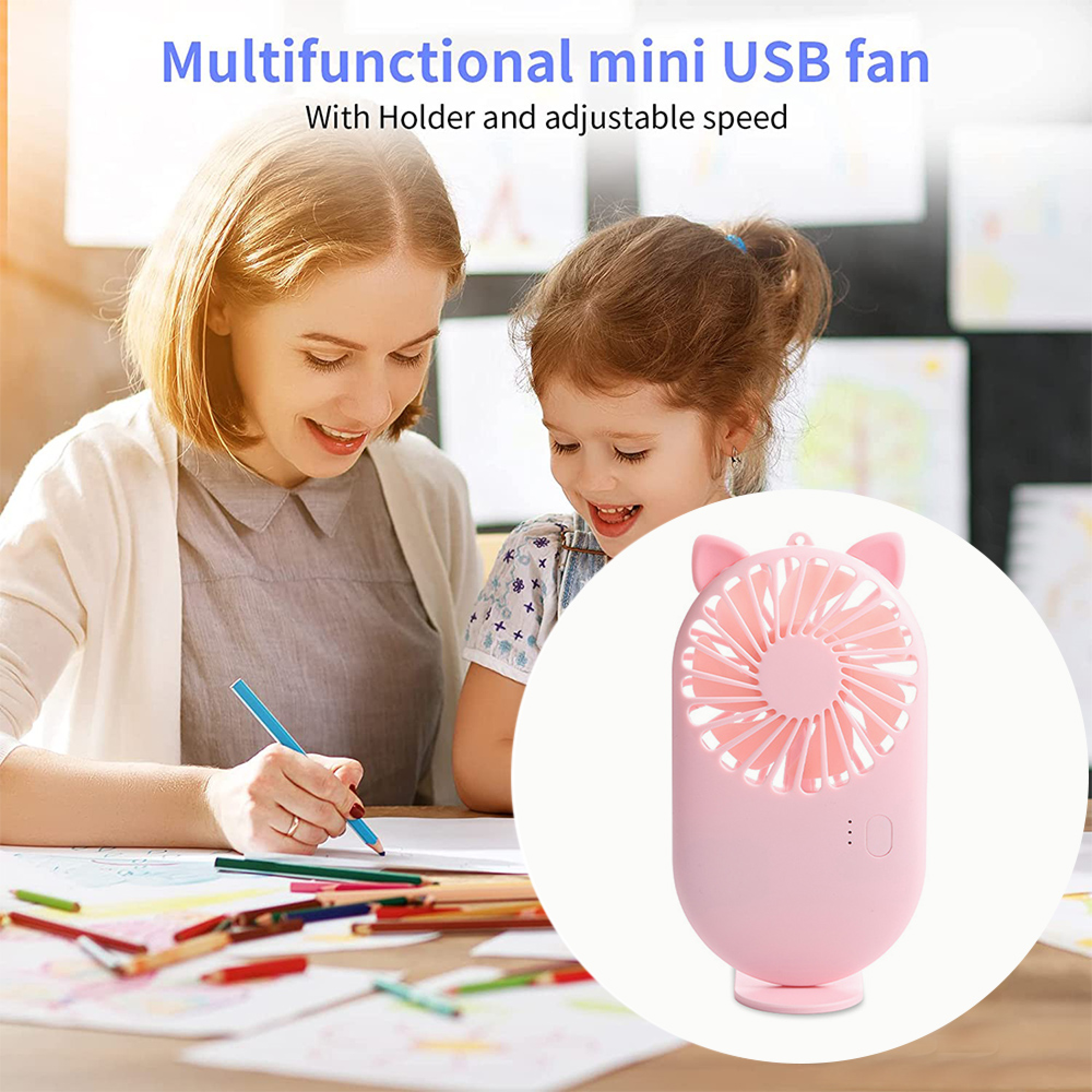 Eine Frau und ein Kind malen. Ein rosa Mini-USB-Lüfter ist daneben abgebildet.
