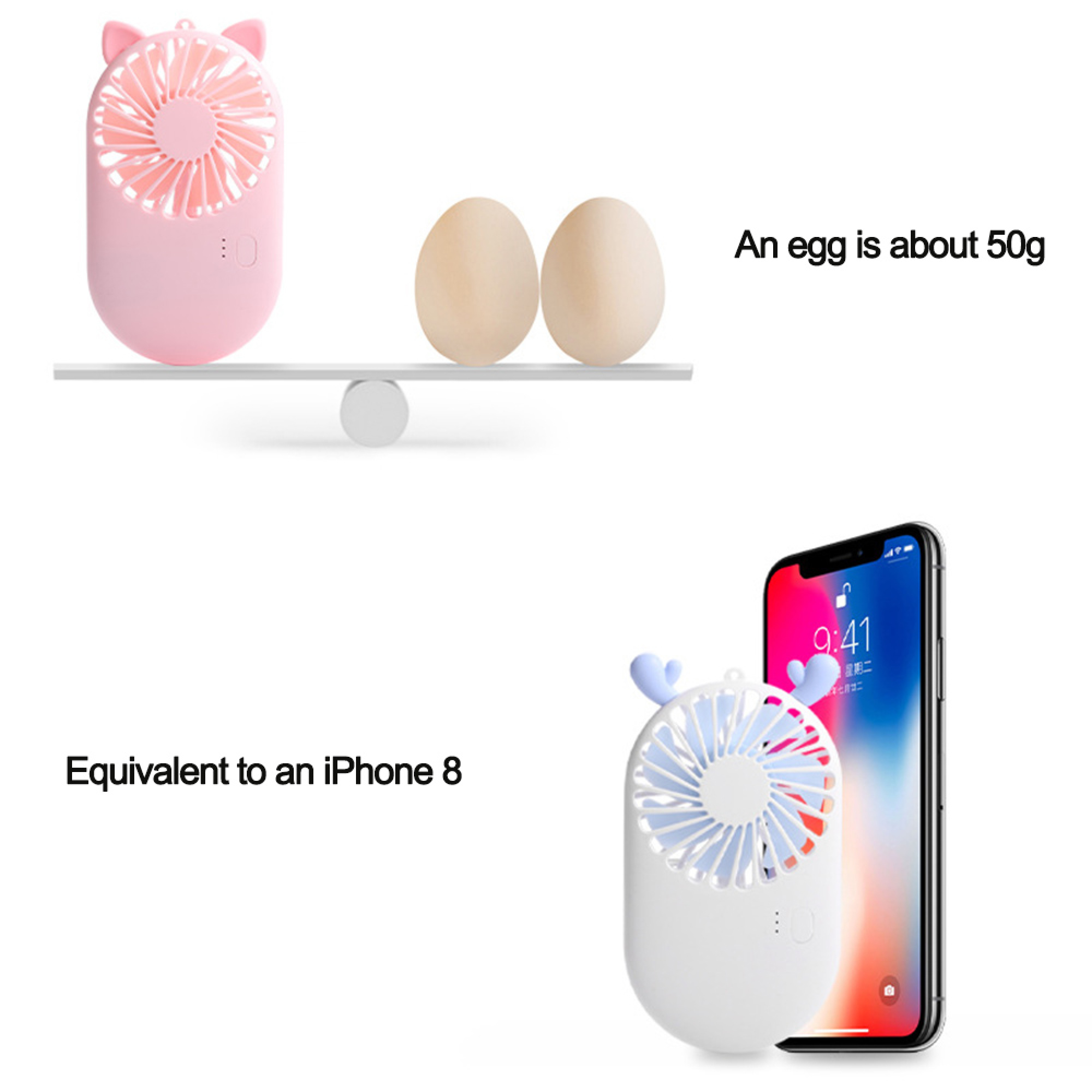 Ein rosa Lüfter mit Katzenohren wiegt zwei Eier, ein weißer Lüfter neben einem iPhone.