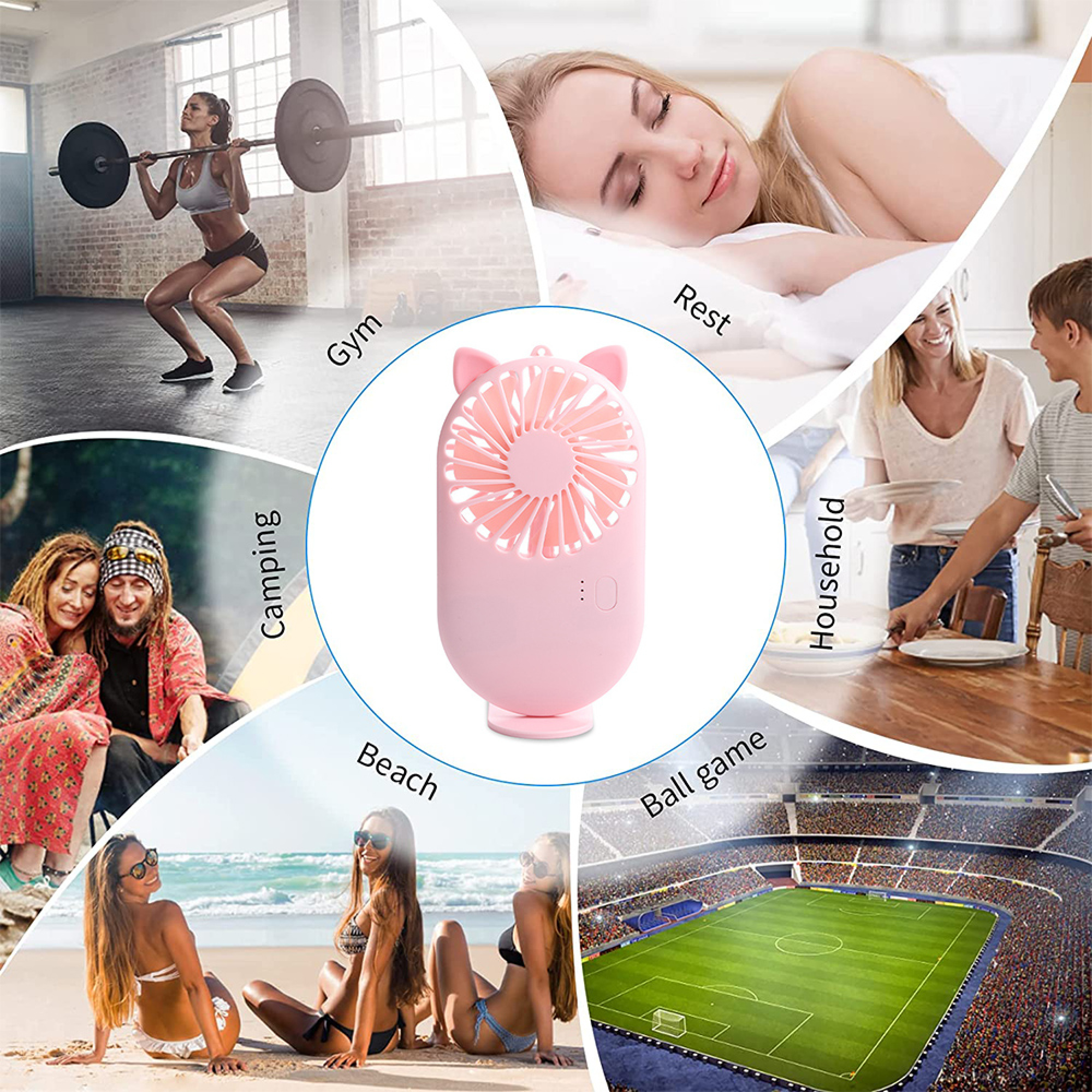Collage zeigt eine Frau im Fitnessstudio, eine schlafende Frau, Camping, Strand, Fußballstadion und einen pinken Ventilator.