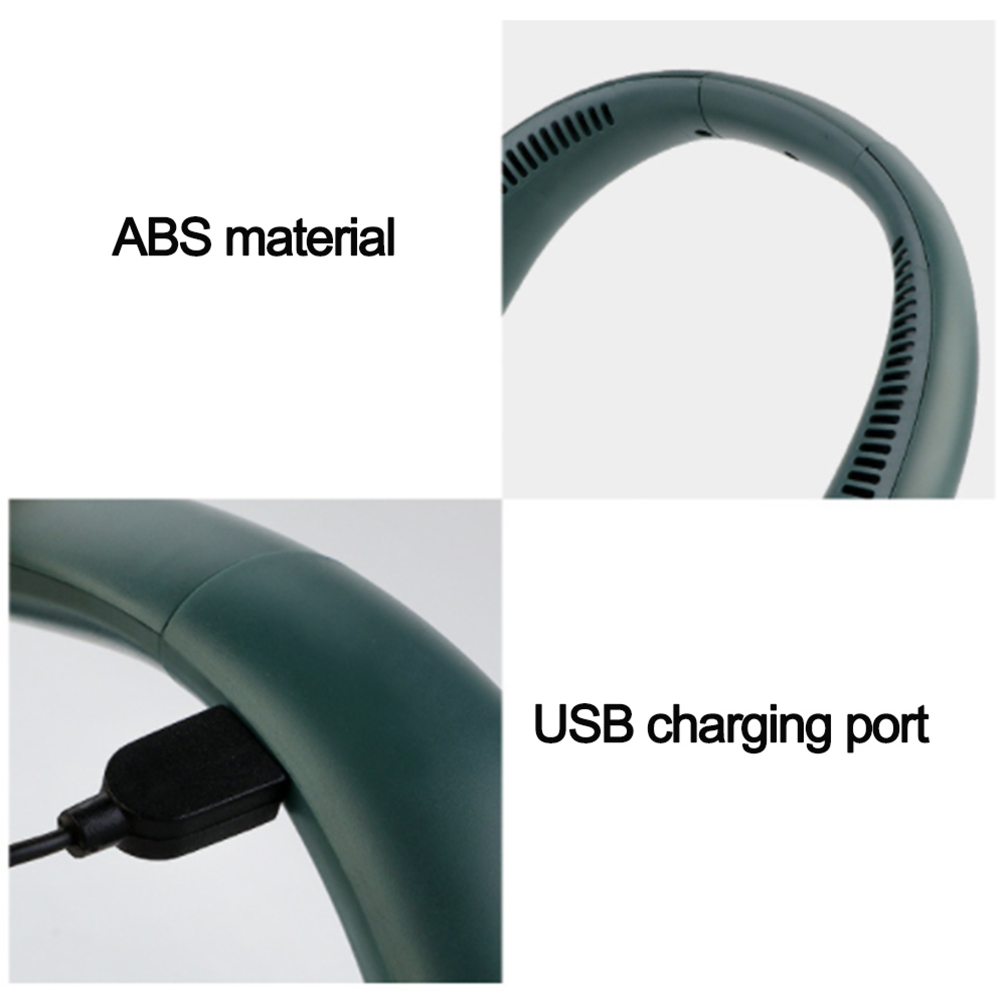 Dunkelgrüner Nackenventilator mit ABS-Material und USB-Ladeanschluss.