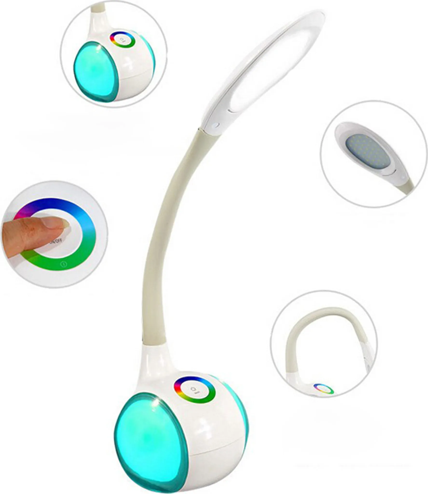 Eine weiße Schreibtischlampe mit biegsamem Arm und Farbwechsel-LEDs am Sockel.