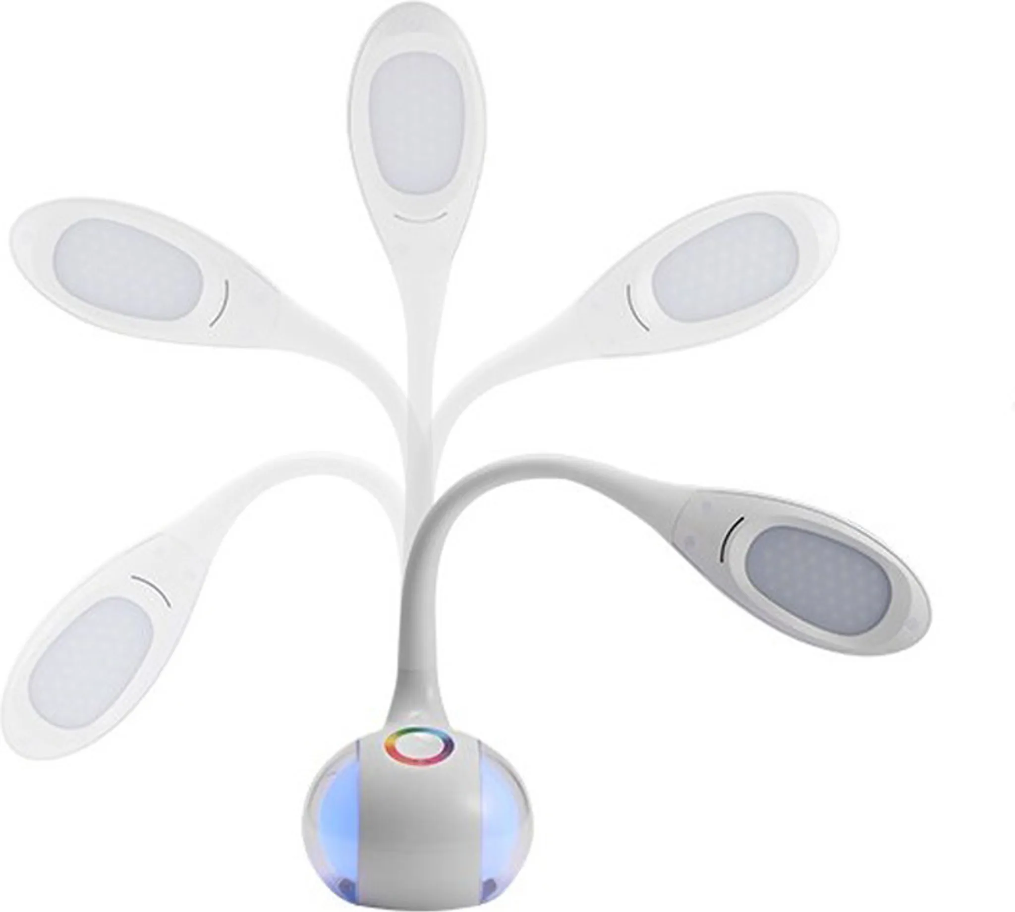 Eine weiße LED-Schreibtischlampe mit flexiblen Armen und Farbwechselbasis.