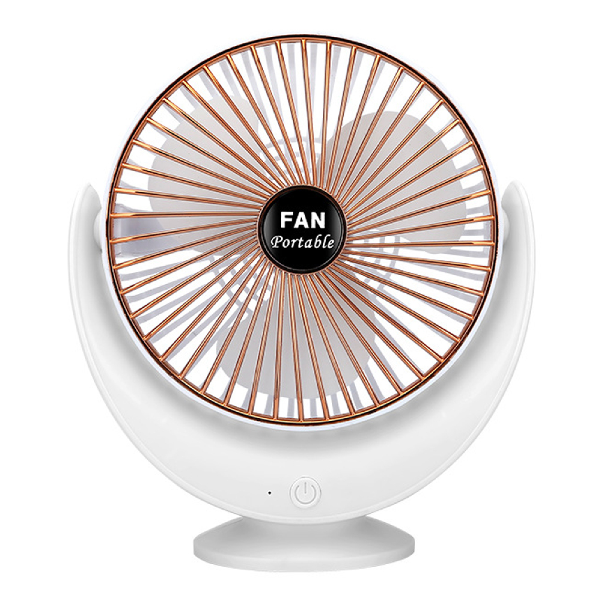 Ein weißer tragbarer Ventilator mit kupferfarbenem Gitter und schwarzem Kreis.