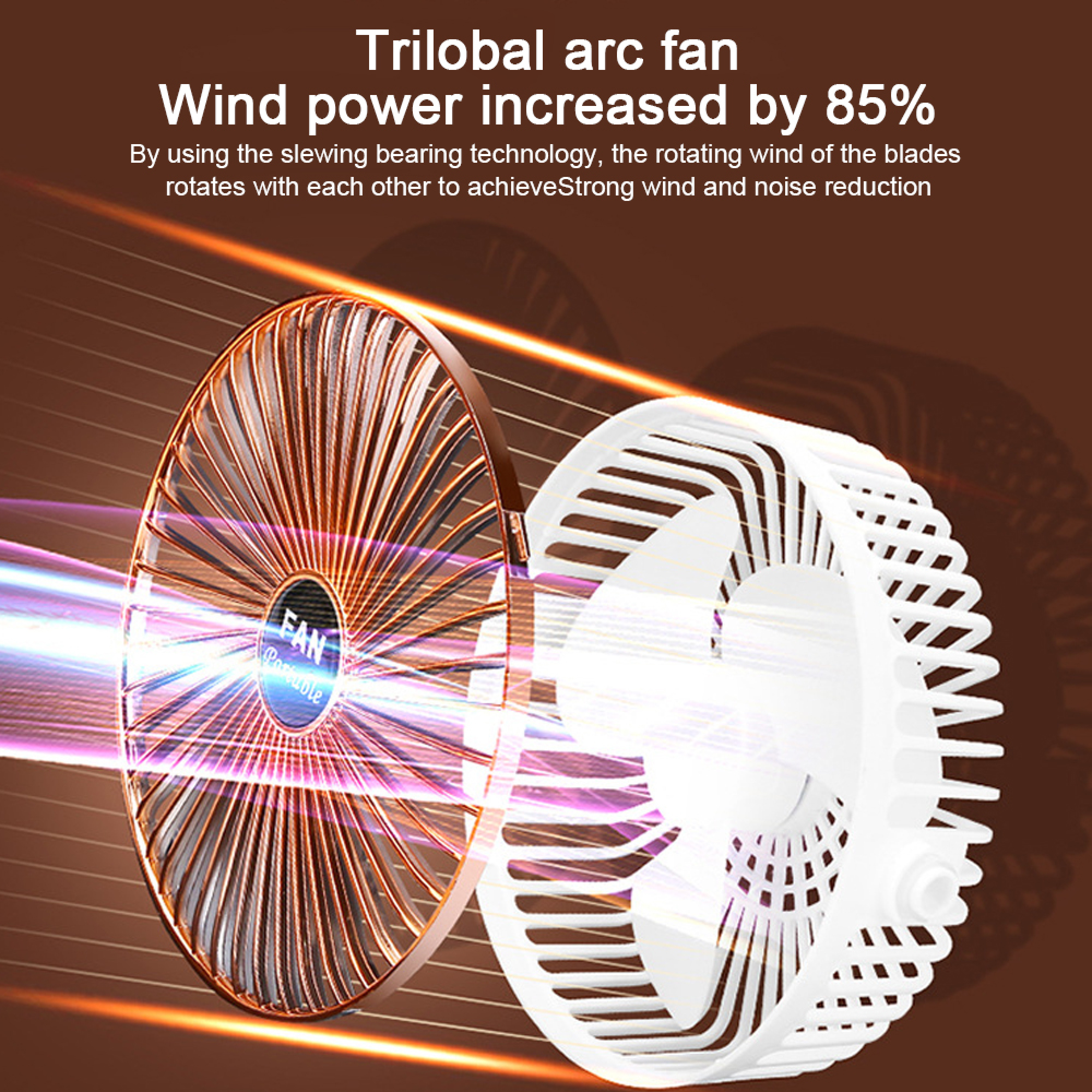 Ein bronzener und ein weißer Ventilator mit leuchtenden Lichtstrahlen.
