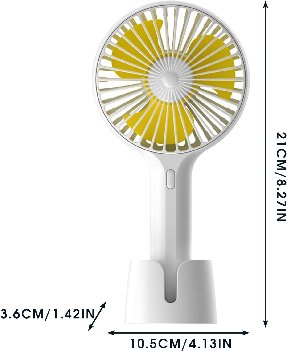 Ein weißer tragbarer Ventilator mit gelben Rotorblättern steht auf einem Sockel.
