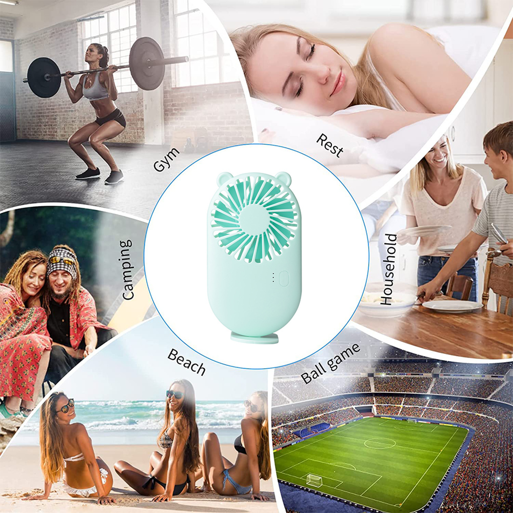 Ein mintgrüner Lüfter mit Bärenohren in der Mitte, umgeben von Szenen: Fitnessstudio, Strand, Camping, Ballspiel, Haushalt, Ruhe.