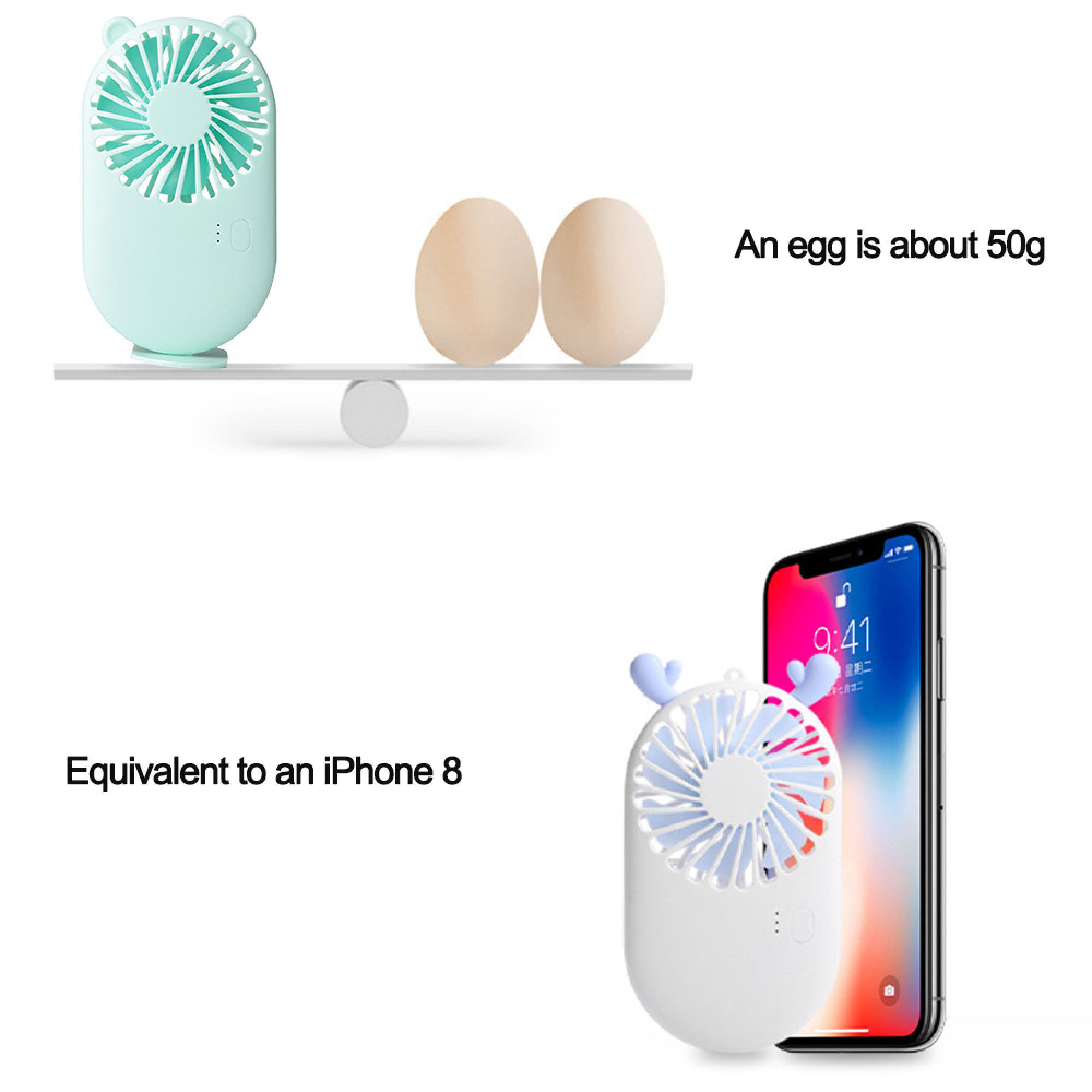 Ein türkisfarbener Ventilator und zwei Eier auf einer Waage. Unten ein weißer Ventilator und iPhone 8.