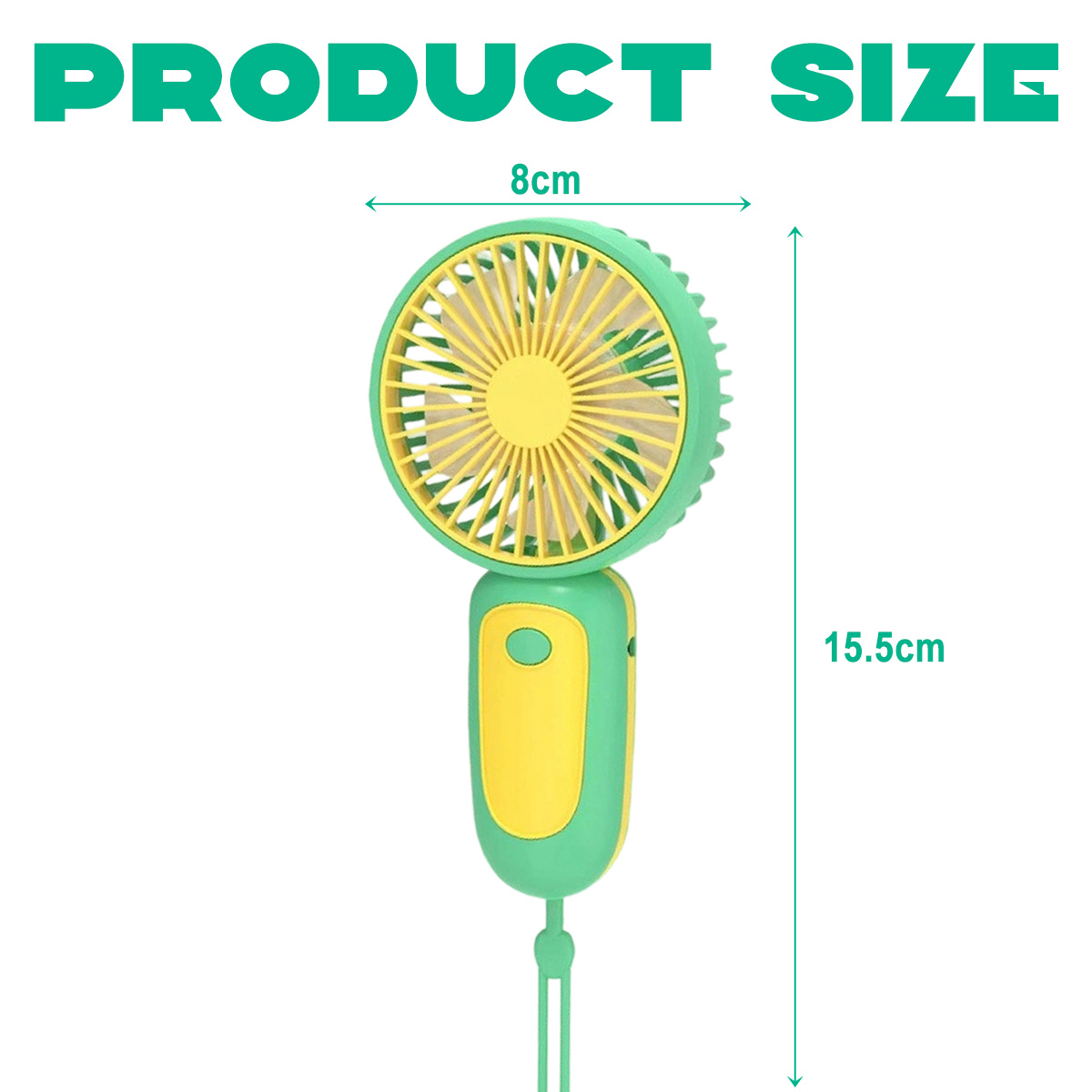 Ein kleiner grüner und gelber Handventilator mit Maßen 8cm x 15.5cm.