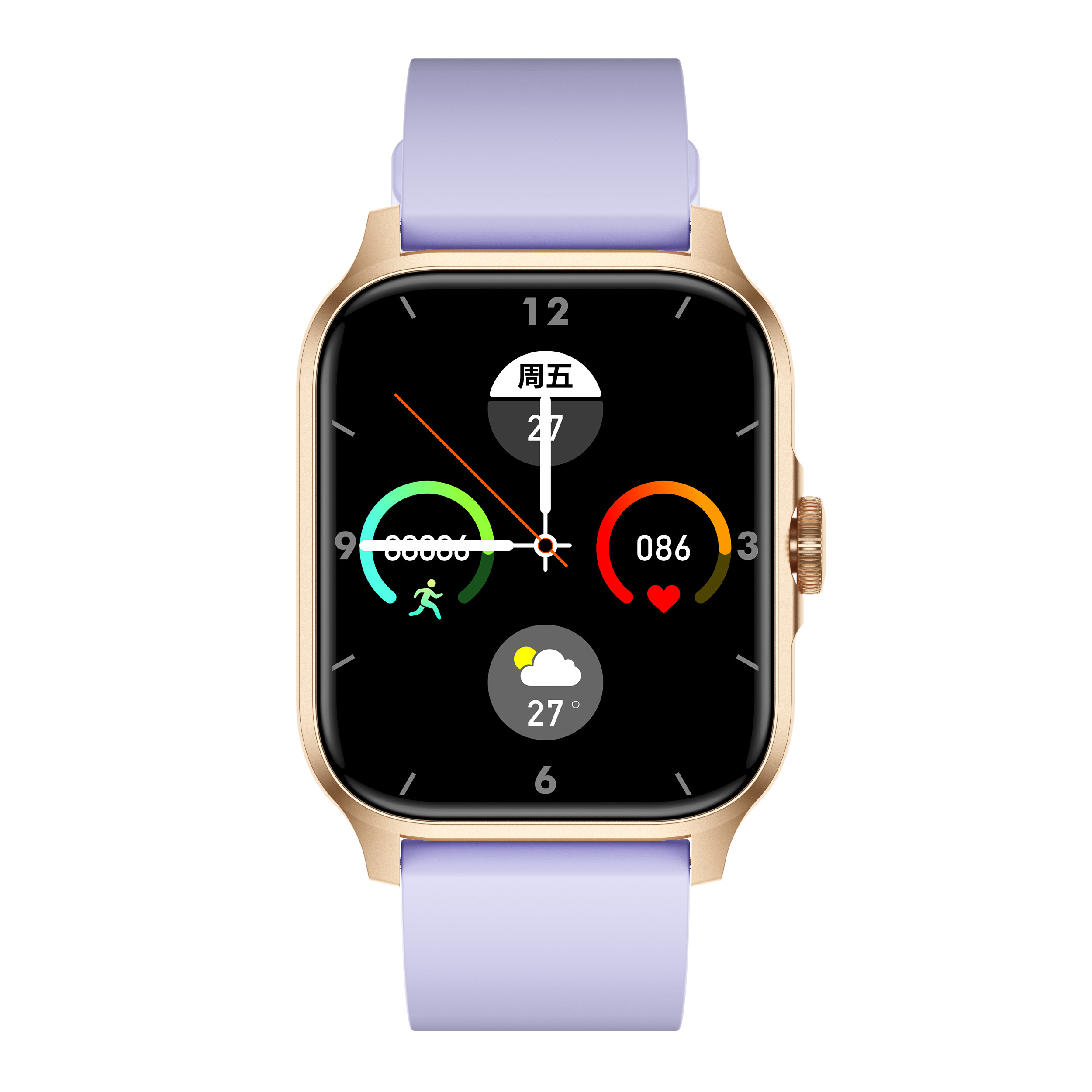 Goldene Smartwatch mit lila Band, zeigt Uhrzeit, Datum, Wetter und Fitnessdaten an.