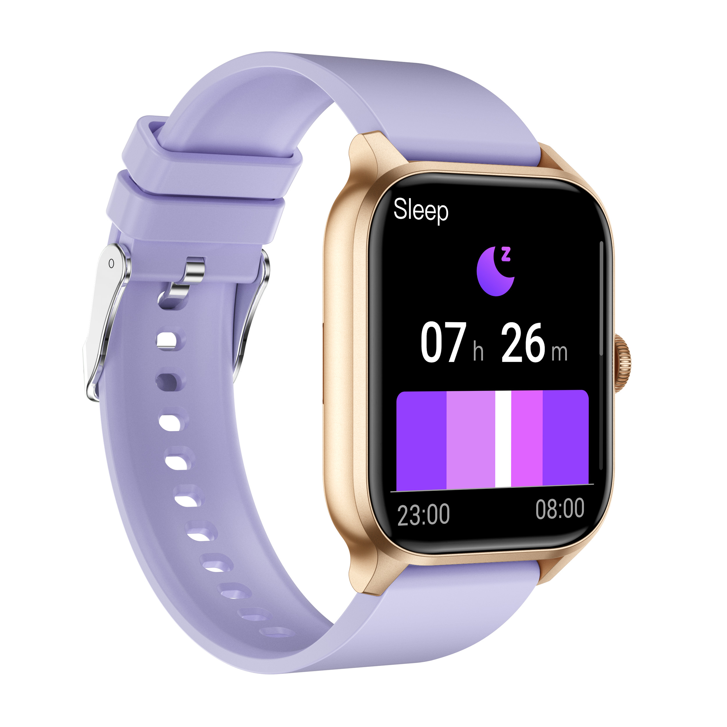 Goldene Smartwatch mit lila Armband, zeigt Schlafdaten an.