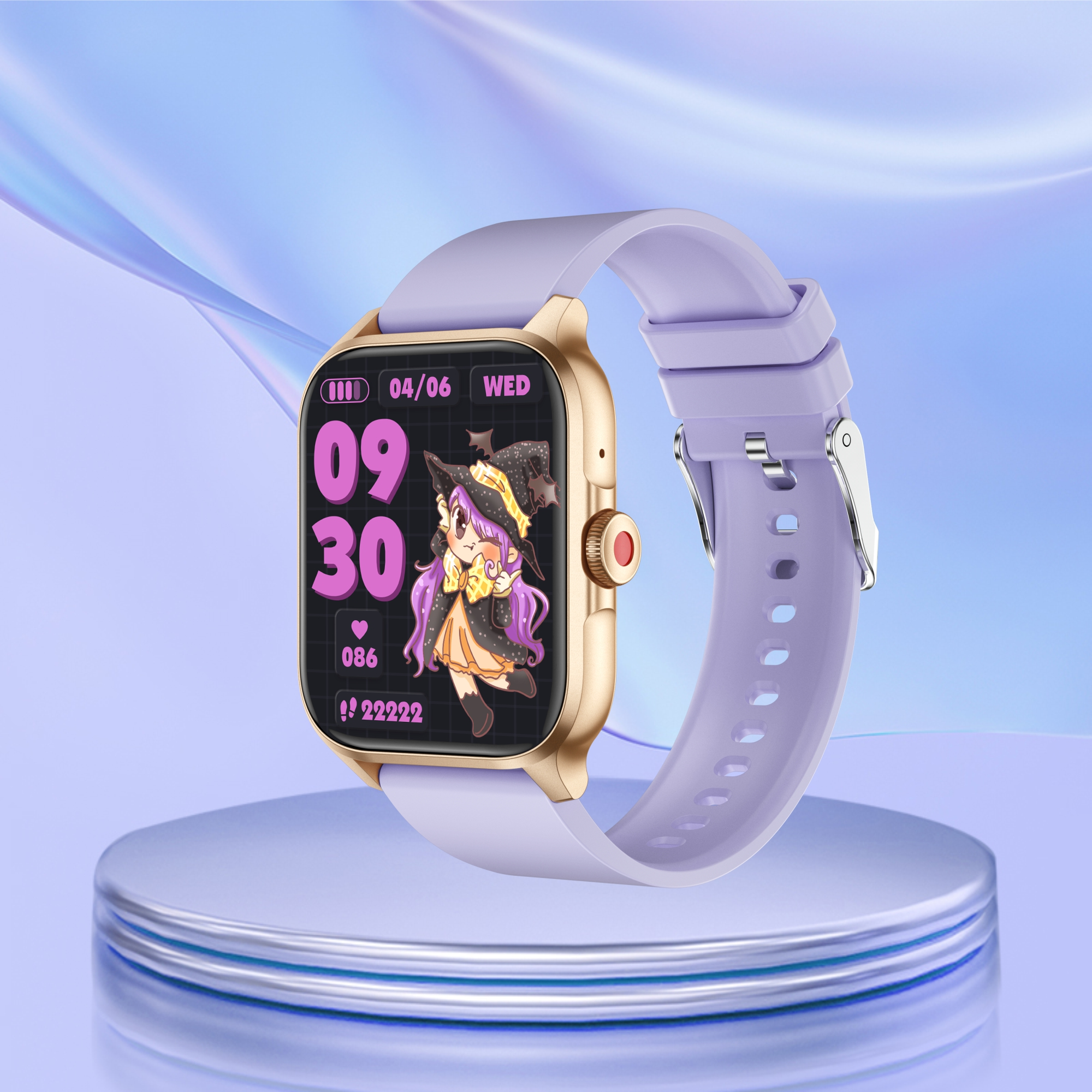 Goldene Smartwatch mit lila Band, zeigt Zeit 09:30 und eine Hexe.