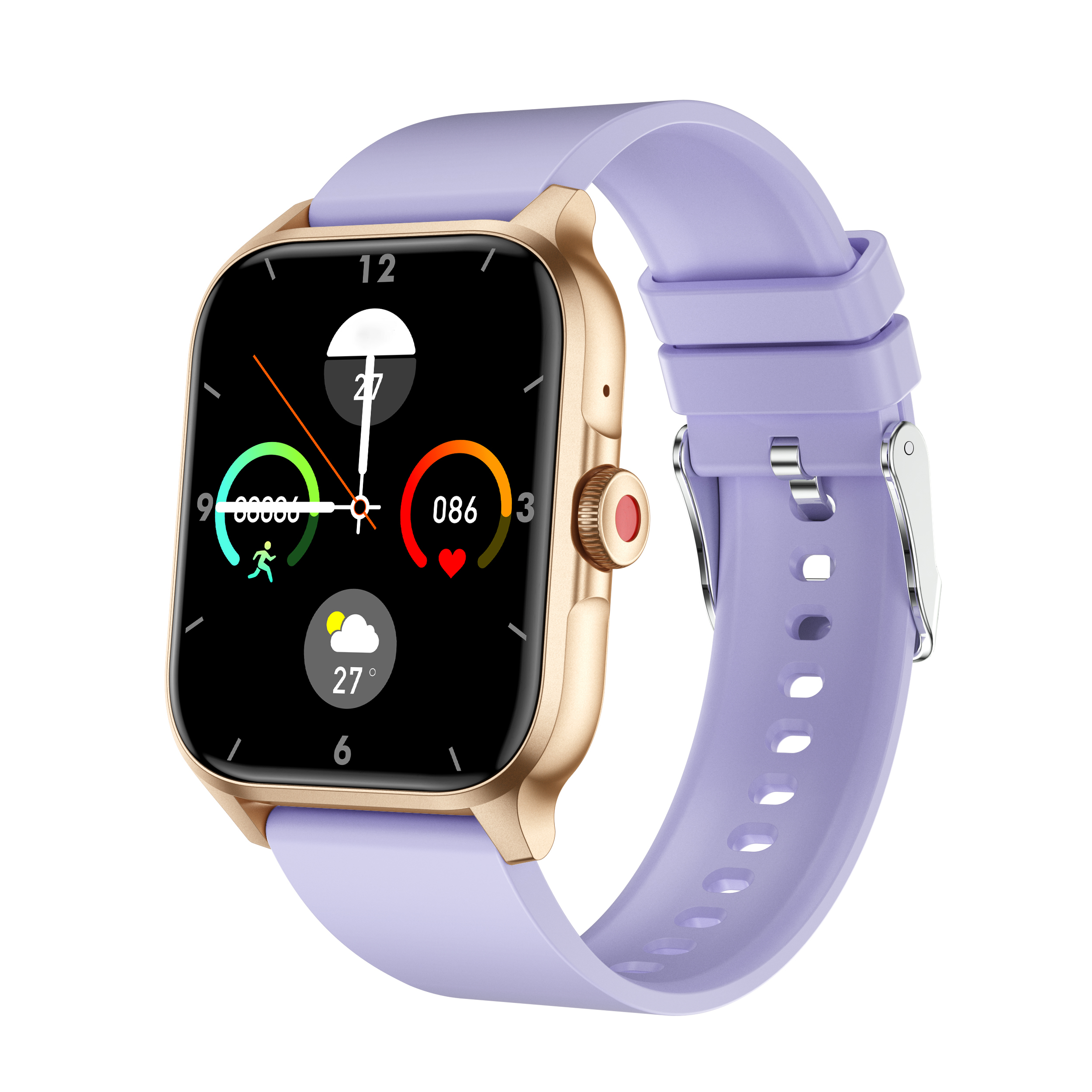 Goldene Smartwatch mit lila Band, zeigt Fitnessdaten und Wetter an.