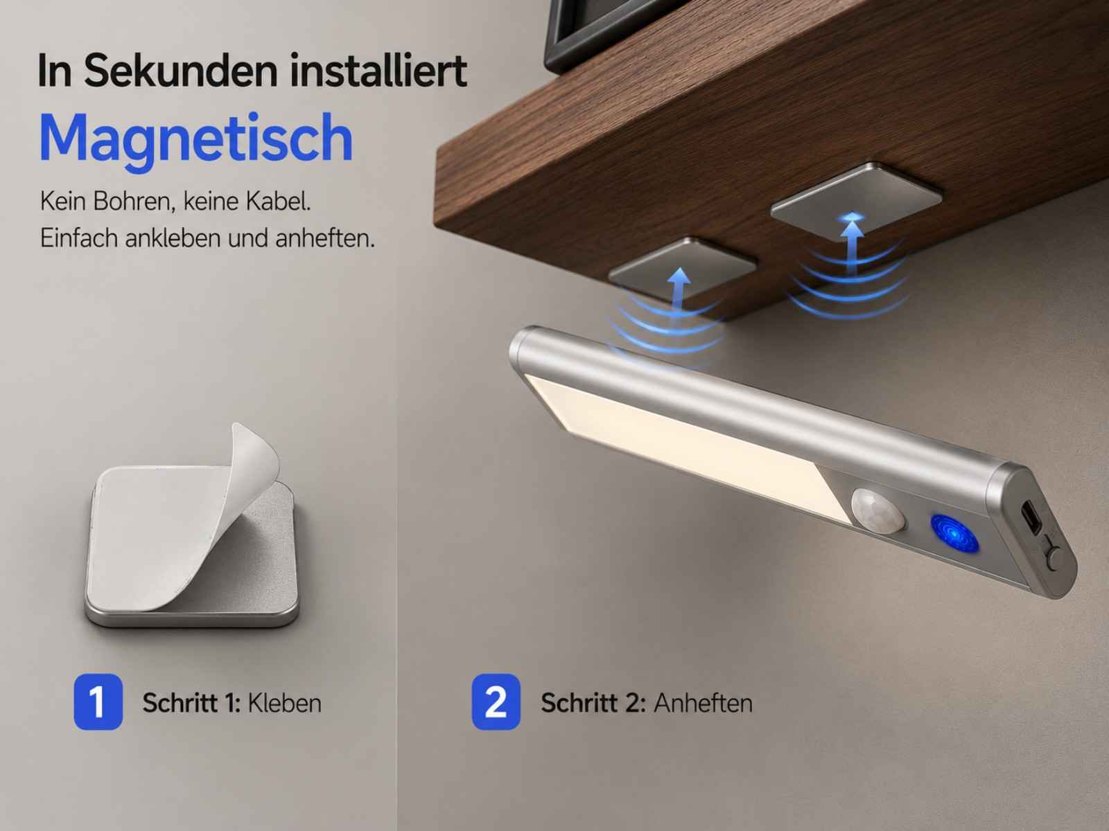 Magnetische Leuchte wird an Holzregal befestigt. Einfache Installation.